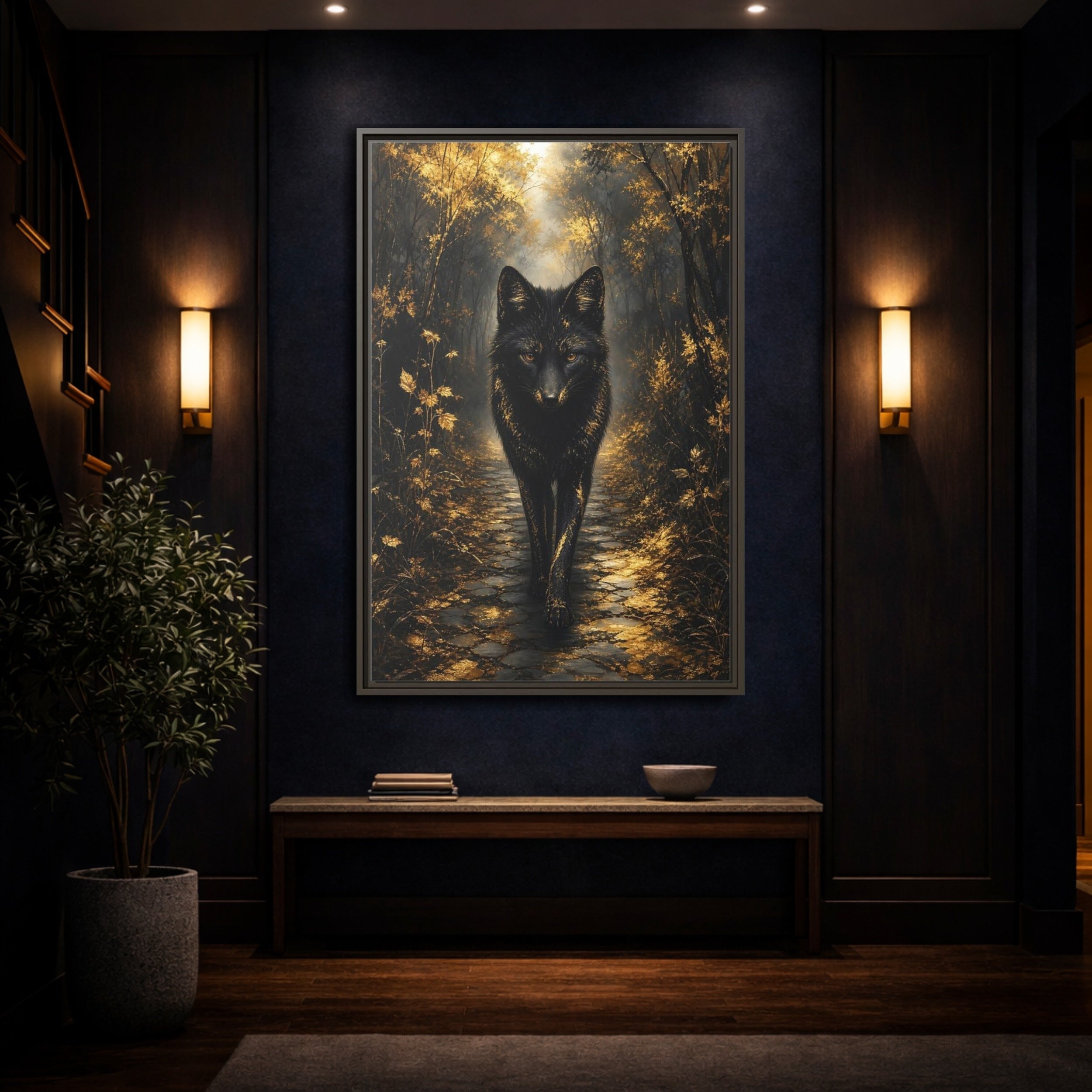 Mockup 4. Animals Golden Wolf Golden Black shown as stretched canvas wall art
