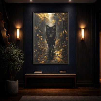 Animals Golden Wolf Black Framed Canvas Wall Art - Fantasy Living Room shown as canvas wall art