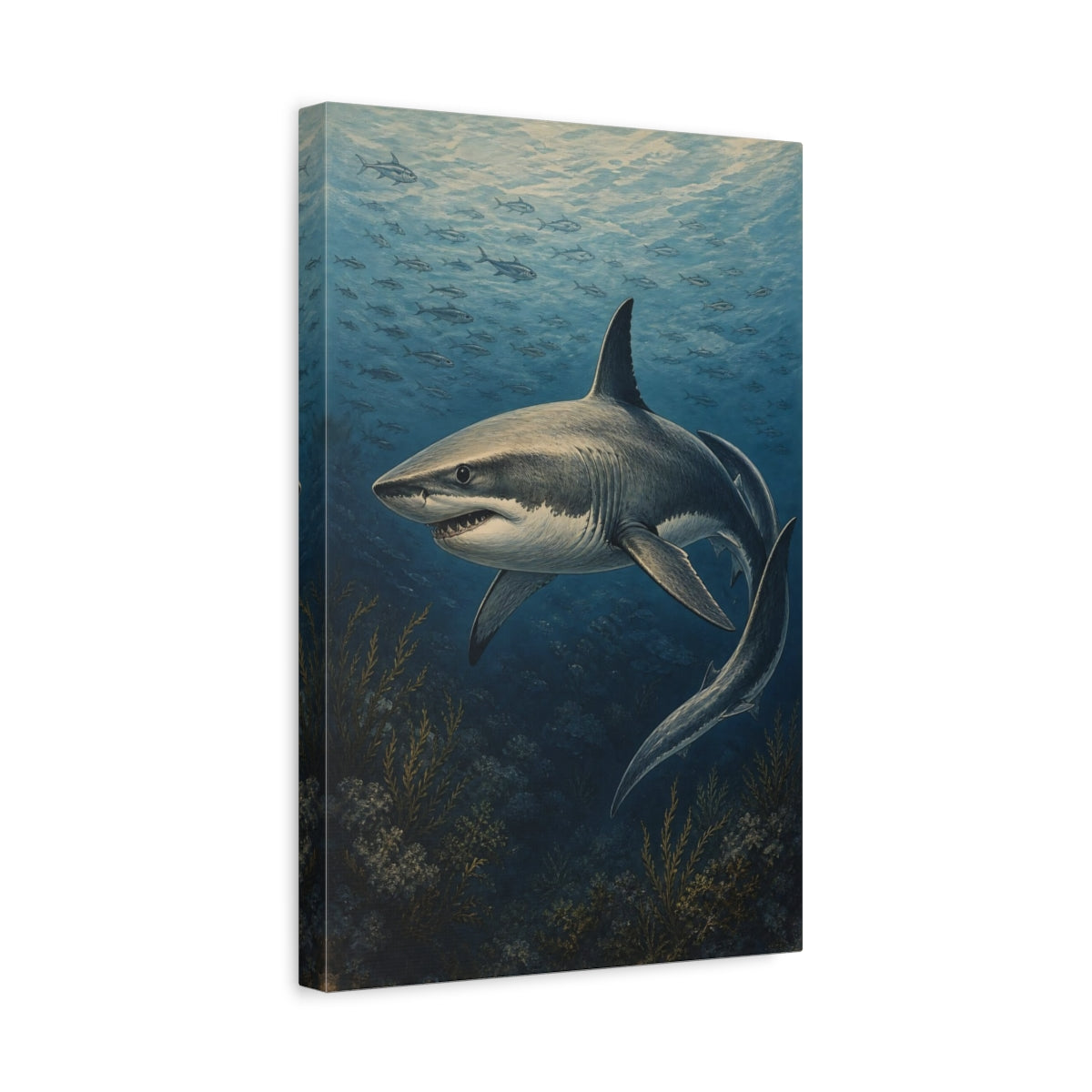 Side Mockup 4. Animals Great White Shark Vintage Shark shown as stretched canvas wall art