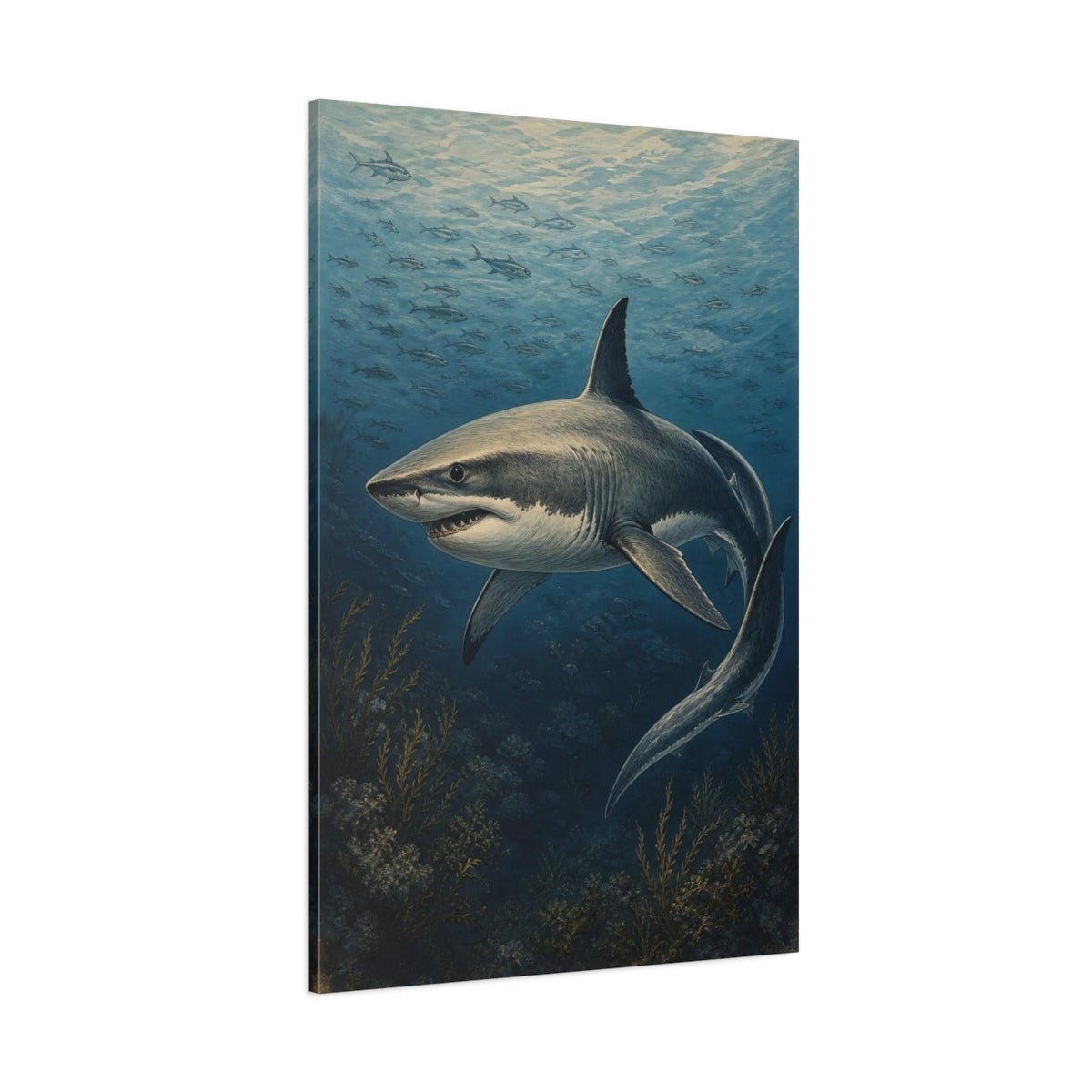 Side Mockup 1. Animals Great White Shark Vintage Shark shown as stretched canvas wall art