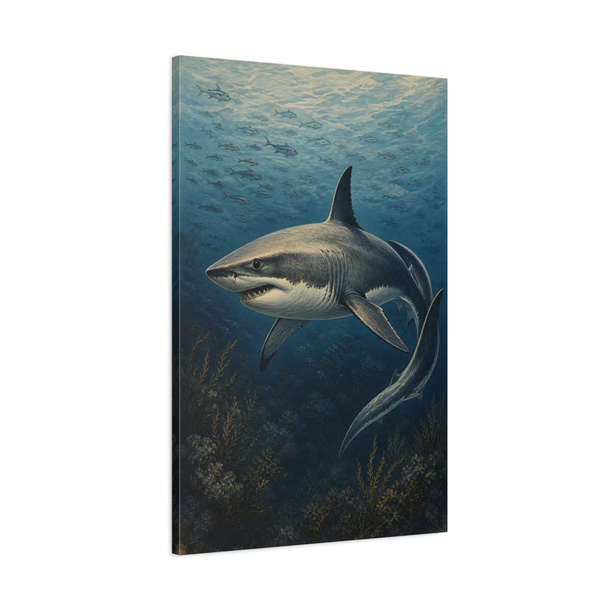 Main Mockup. Animals Great White Shark Vintage Shark shown as stretched canvas wall art