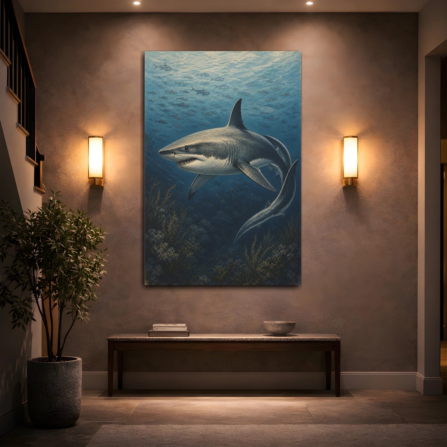 Mockup 2. Animals Great White Shark Vintage Shark shown as stretched canvas wall art