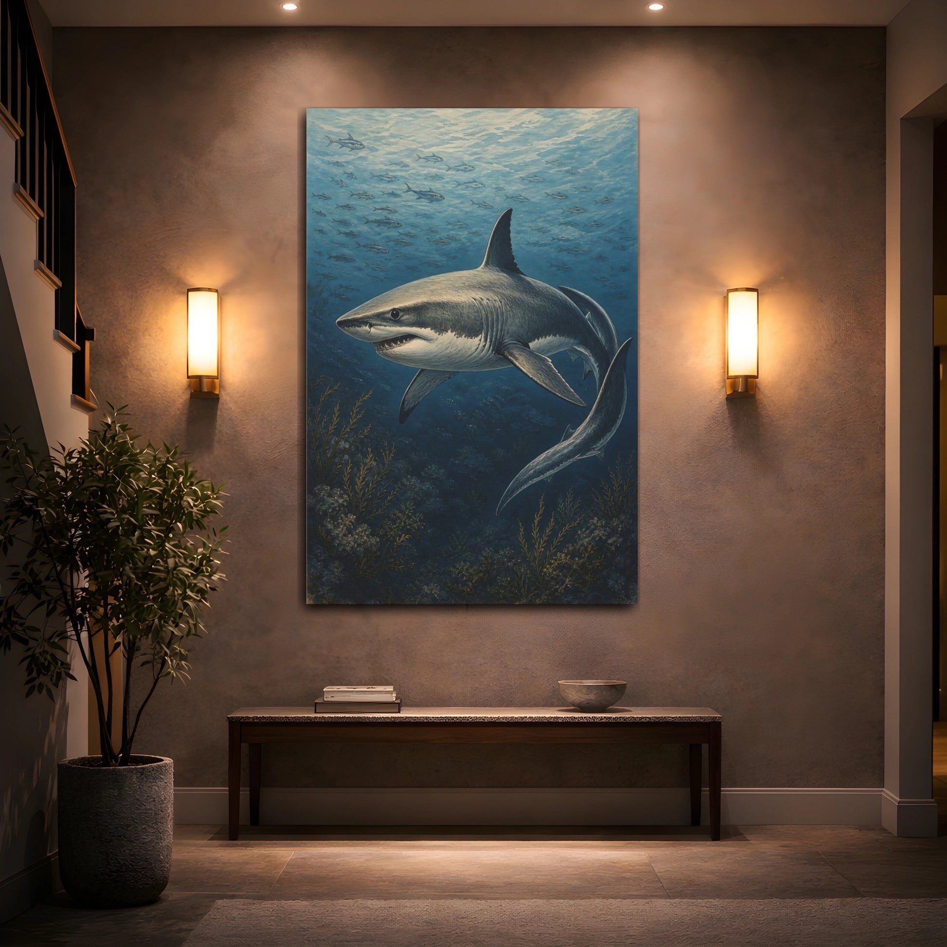 Mockup 2. Animals Great White Shark Vintage Shark shown as stretched canvas wall art