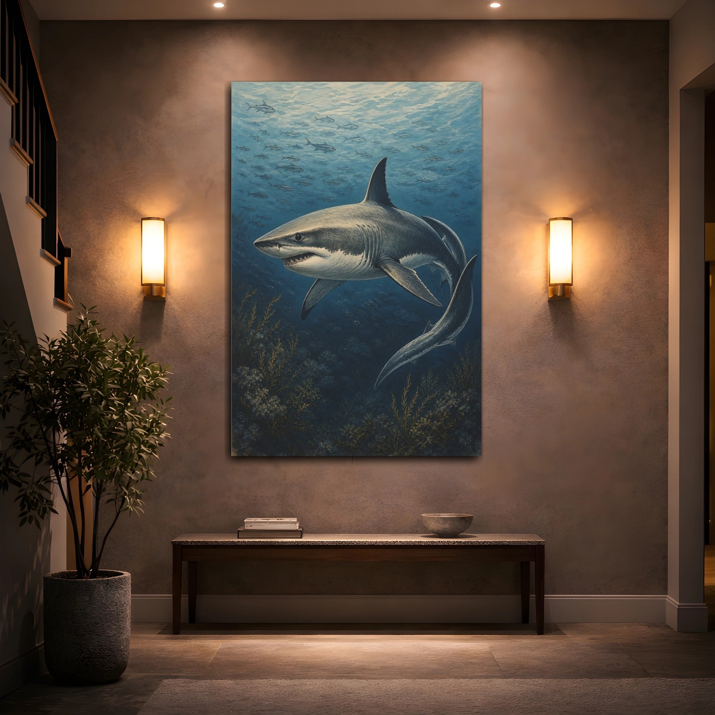 Mockup 2. Animals Great White Shark Vintage Shark shown as stretched canvas wall art