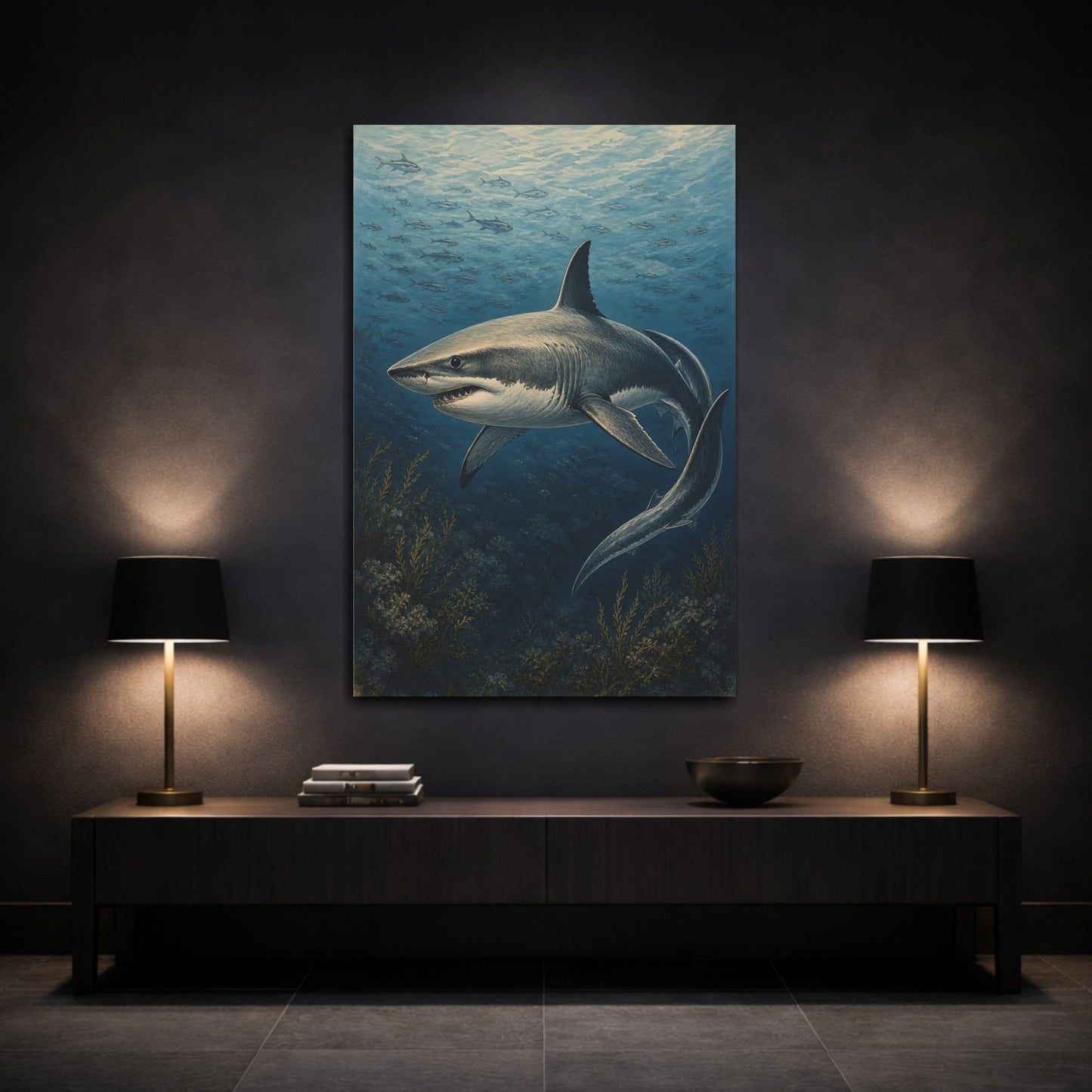 Mockup 3. Animals Great White Shark Vintage Shark shown as stretched canvas wall art