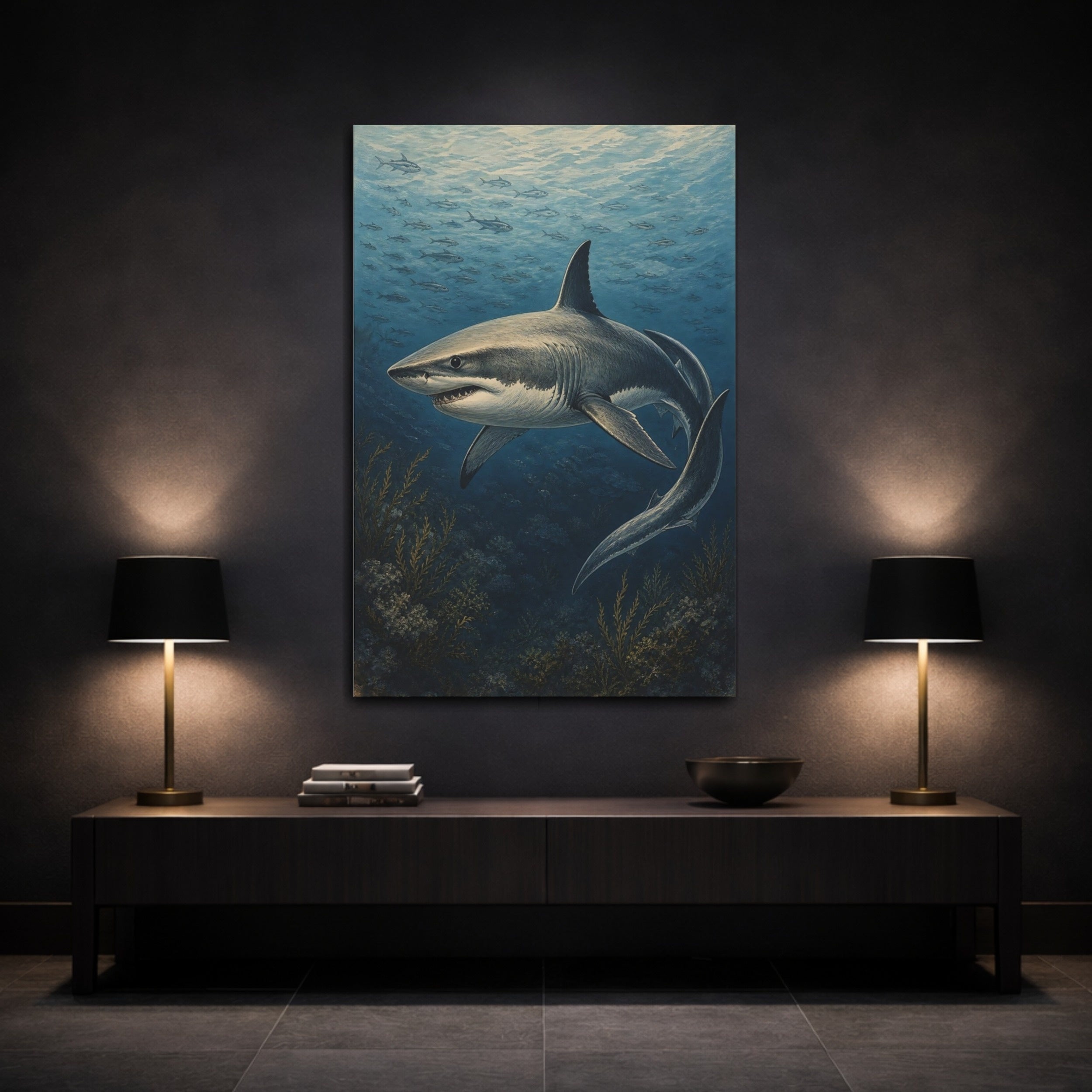 Mockup 3. Animals Great White Shark Vintage Shark shown as stretched canvas wall art