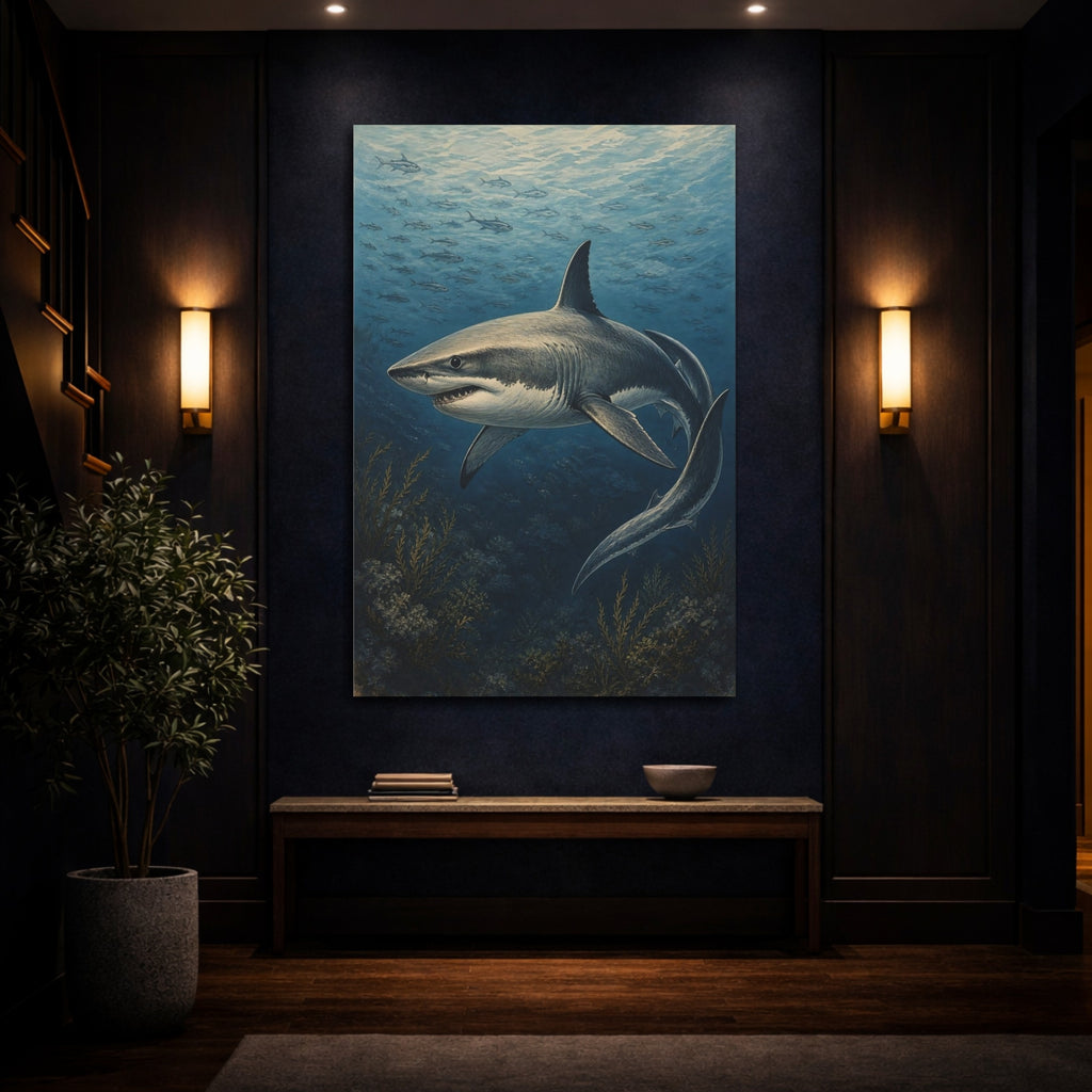 Mockup 4. Animals Great White Shark Vintage Shark shown as stretched canvas wall art