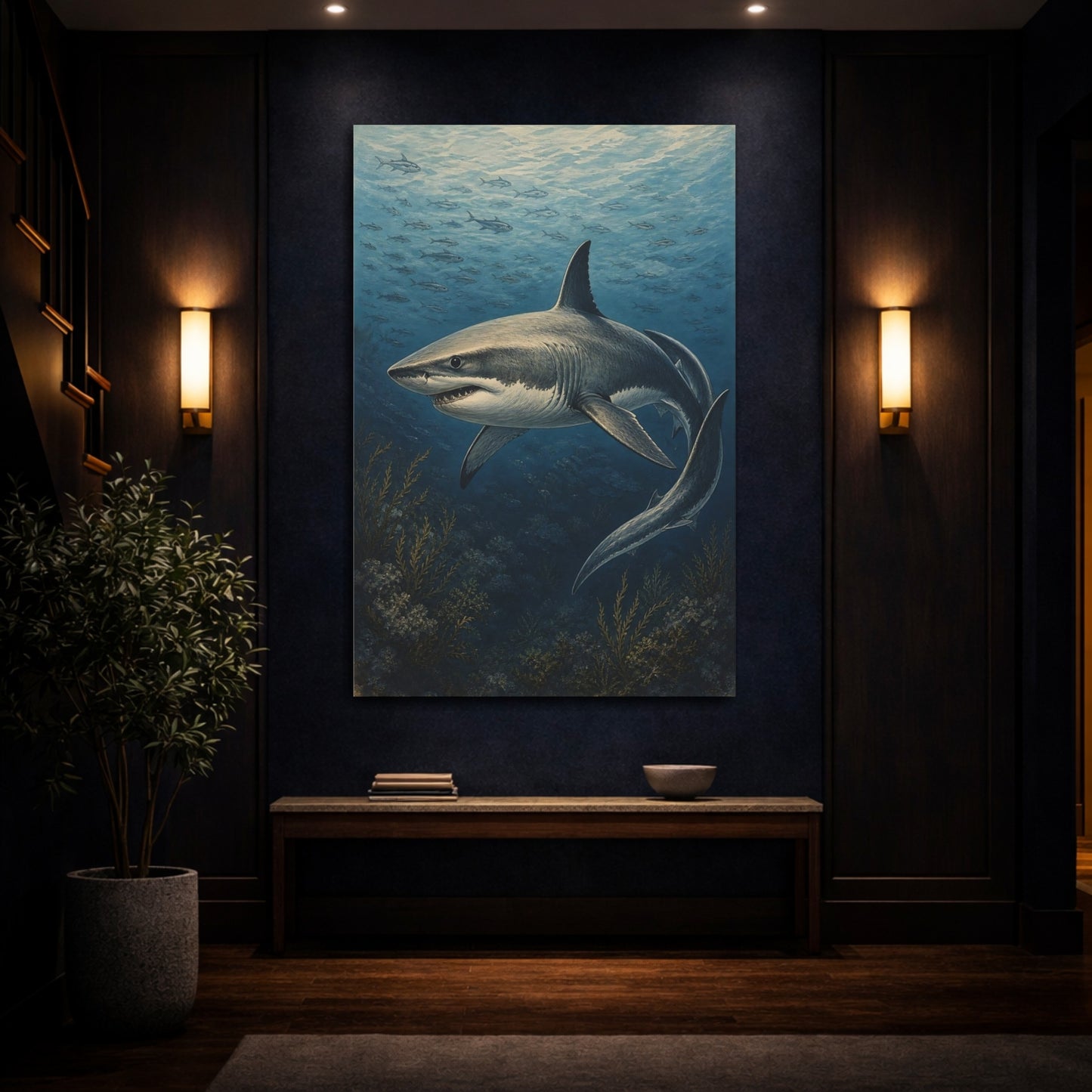 Mockup 4. Animals Great White Shark Vintage Shark shown as stretched canvas wall art