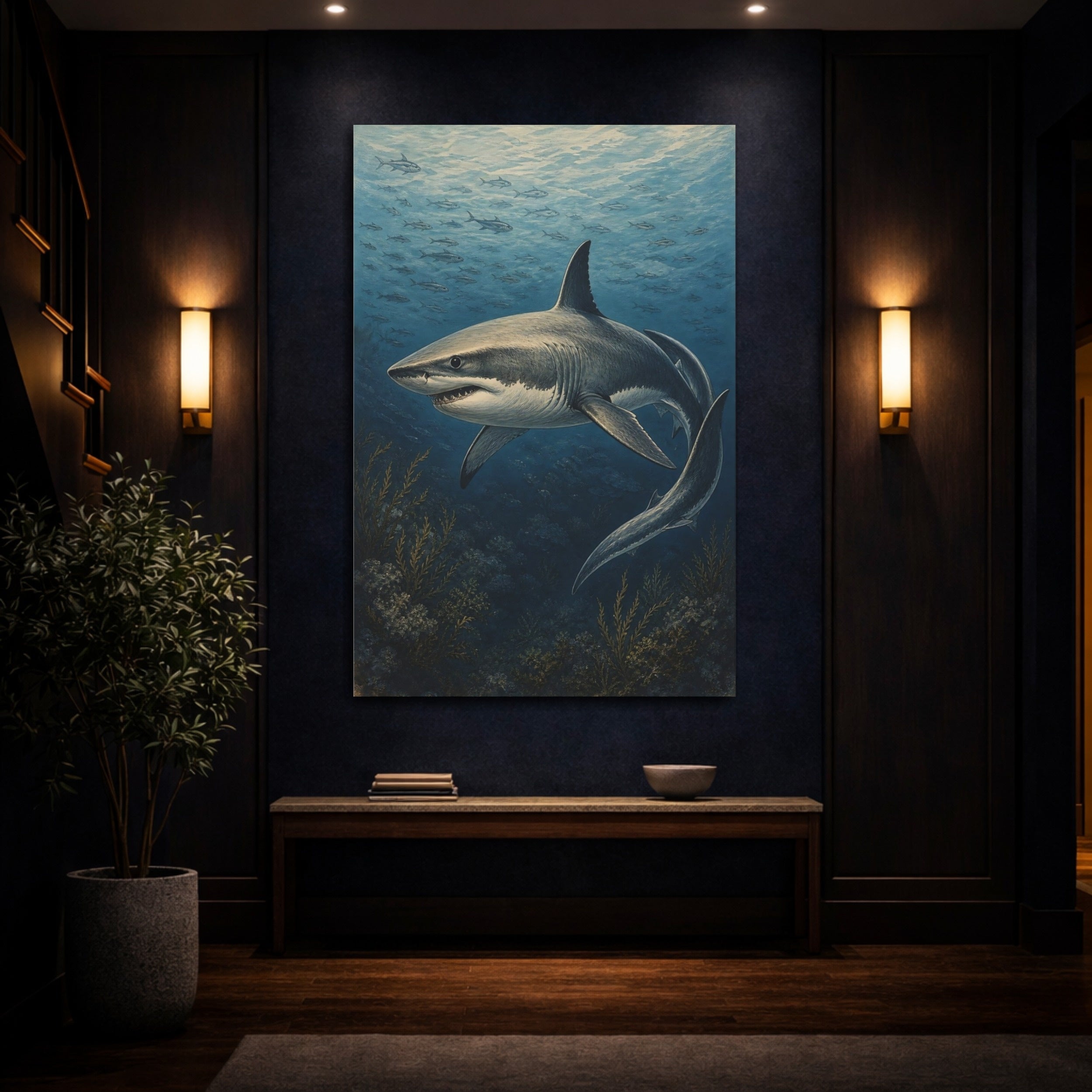 Mockup 4. Animals Great White Shark Vintage Shark shown as stretched canvas wall art