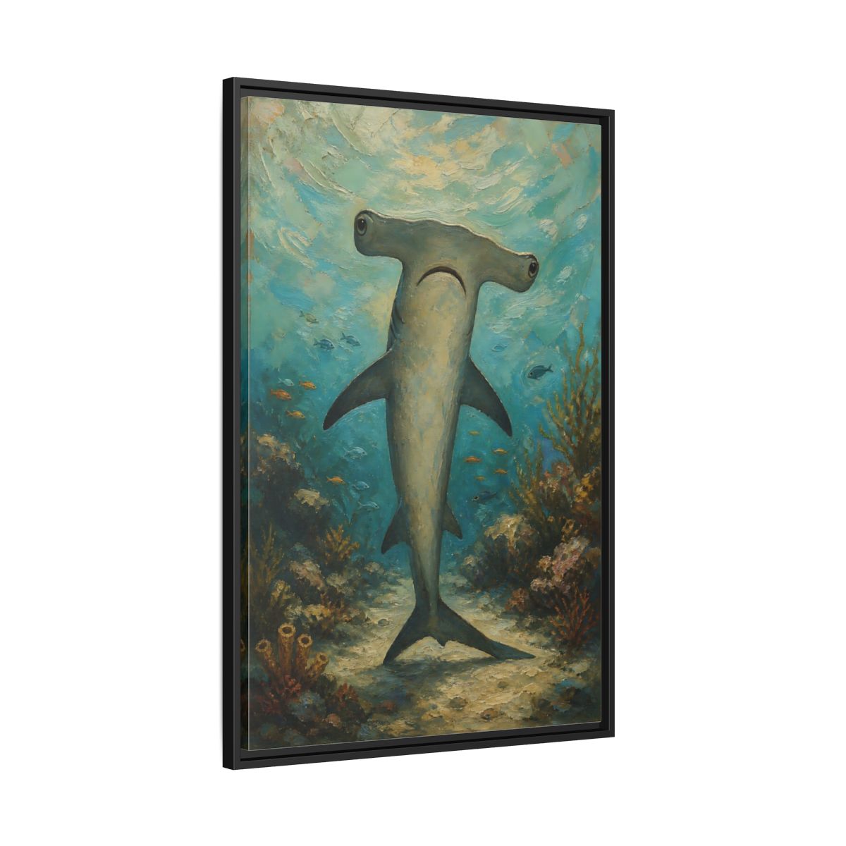 Side Mockup 13. Animals Hammerhead Shark Hammerhead Shark Blue shown as stretched canvas wall art
