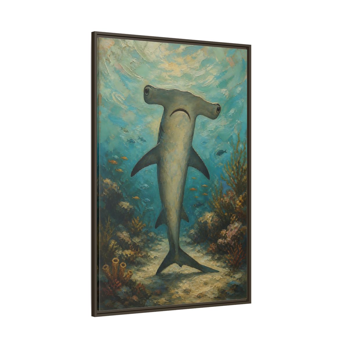 Side Mockup 8. Animals Hammerhead Shark Hammerhead Shark Blue shown as stretched canvas wall art