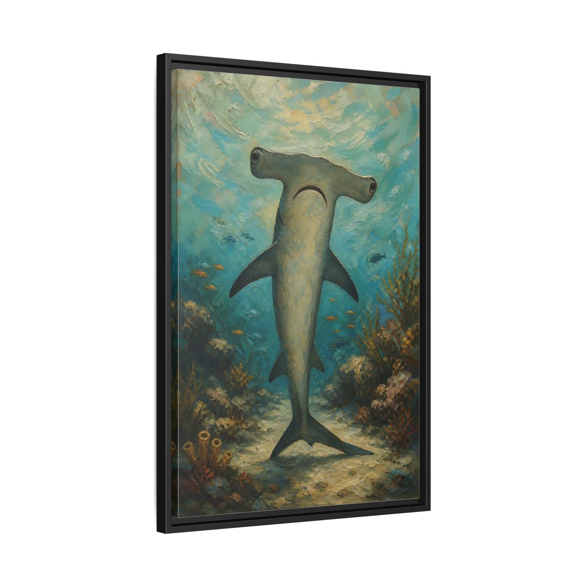 Side Mockup 14. Animals Hammerhead Shark Hammerhead Shark Blue shown as stretched canvas wall art
