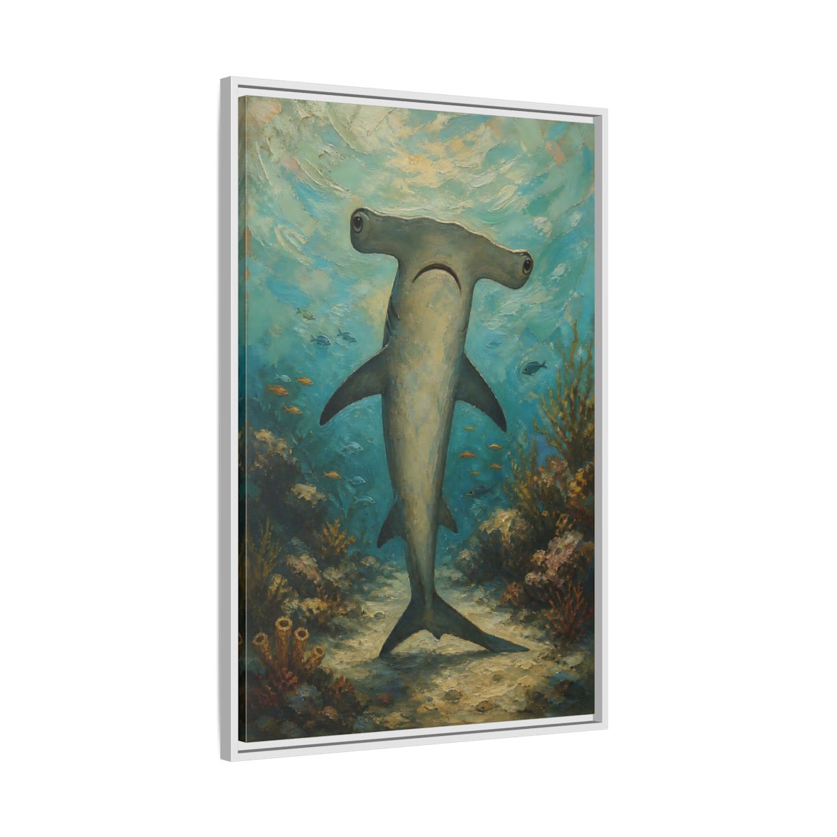 Side Mockup 9. Animals Hammerhead Shark Hammerhead Shark Blue shown as stretched canvas wall art