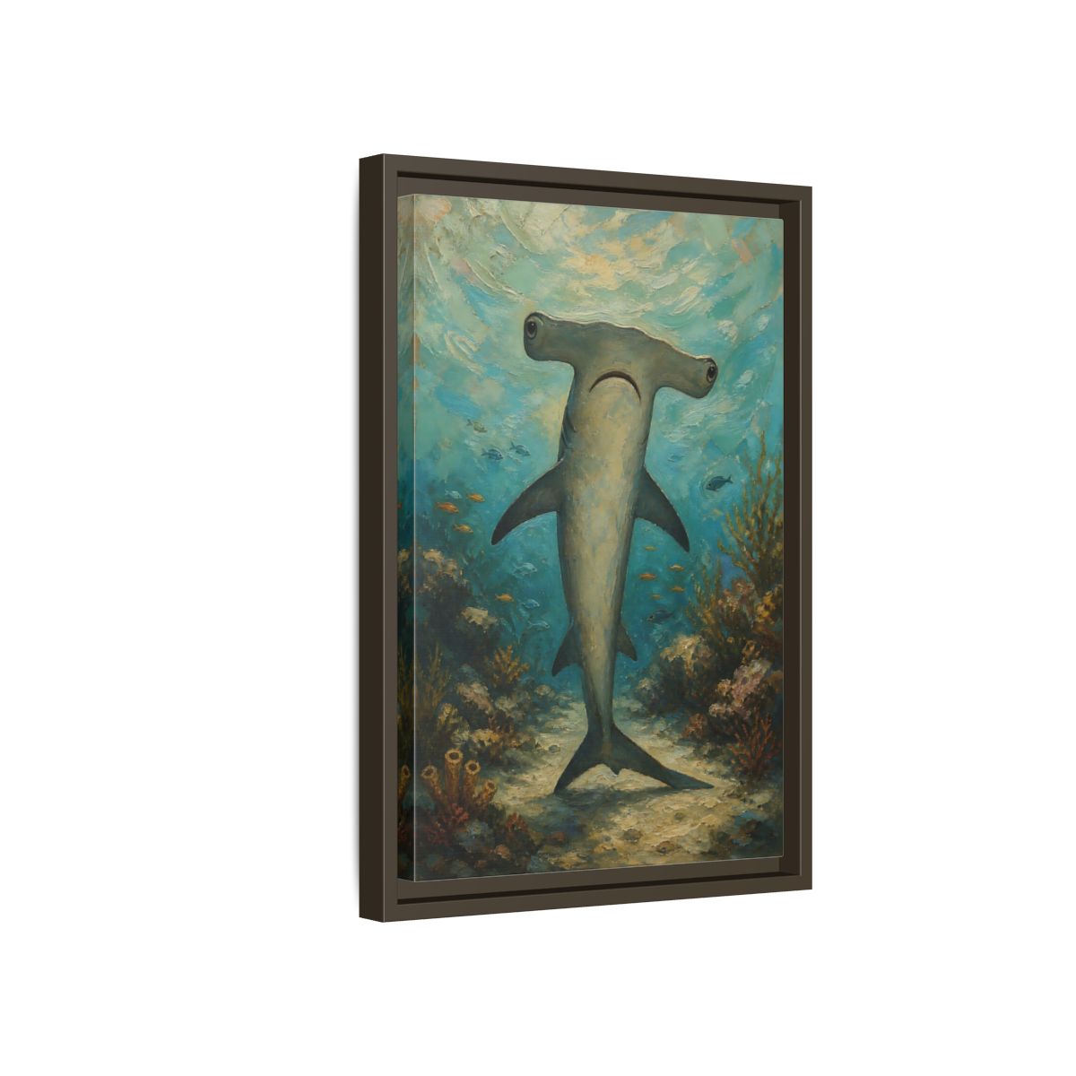 Side Mockup 5. Animals Hammerhead Shark Hammerhead Shark Blue shown as stretched canvas wall art