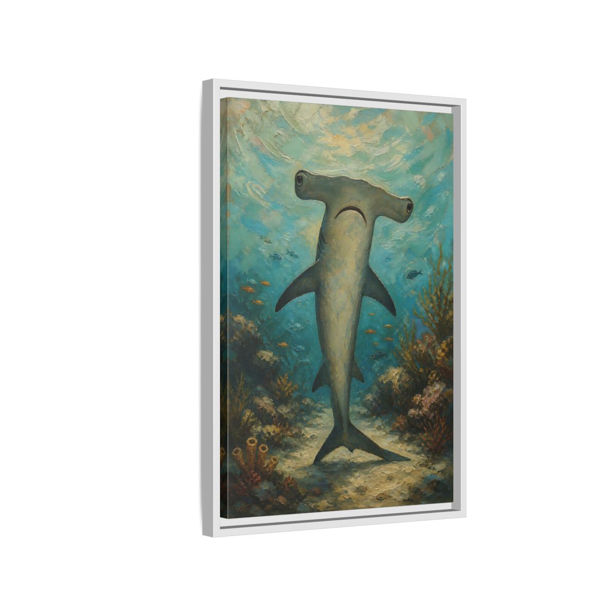 Side Mockup 1. Animals Hammerhead Shark Hammerhead Shark Blue shown as stretched canvas wall art