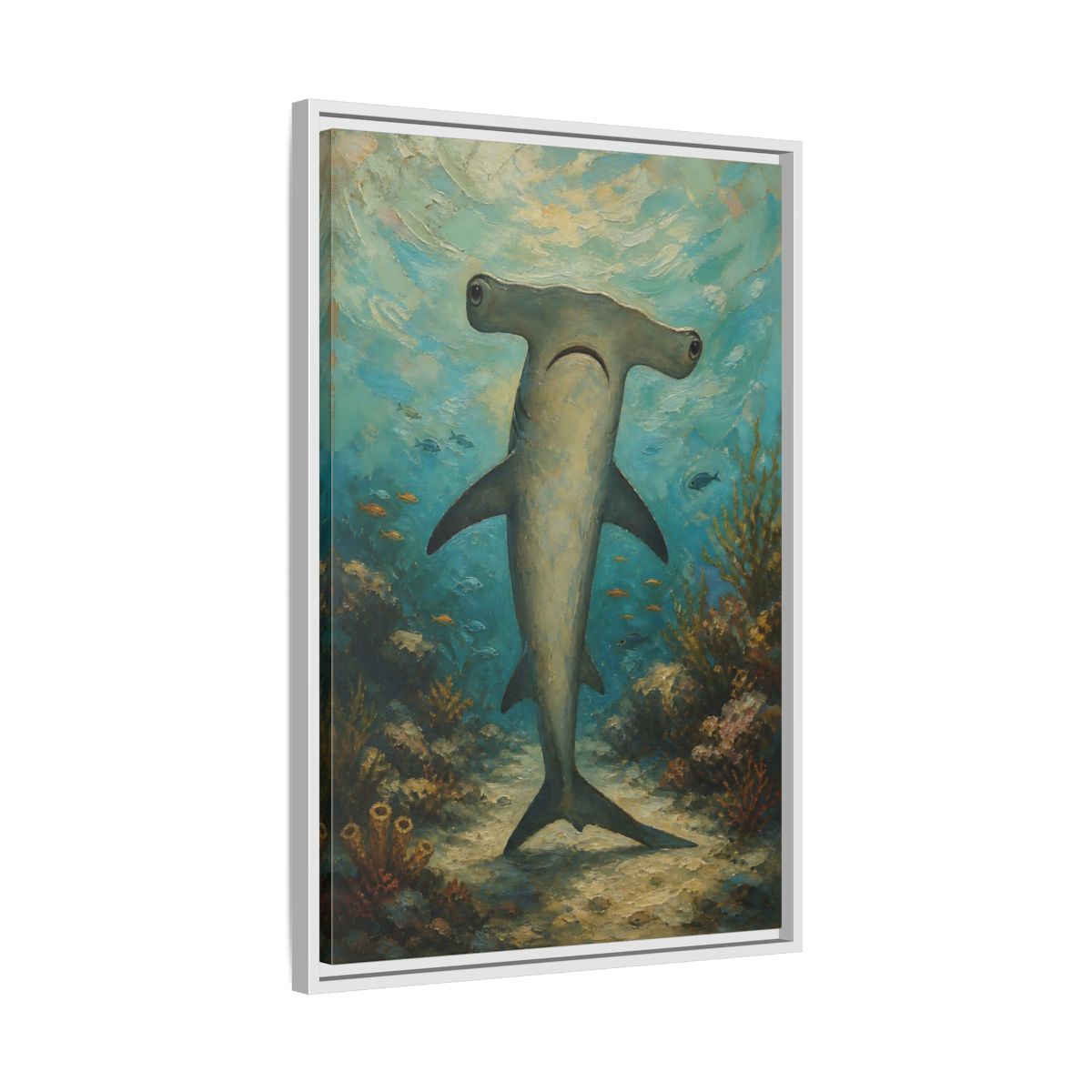 Side Mockup 10. Animals Hammerhead Shark Hammerhead Shark Blue shown as stretched canvas wall art
