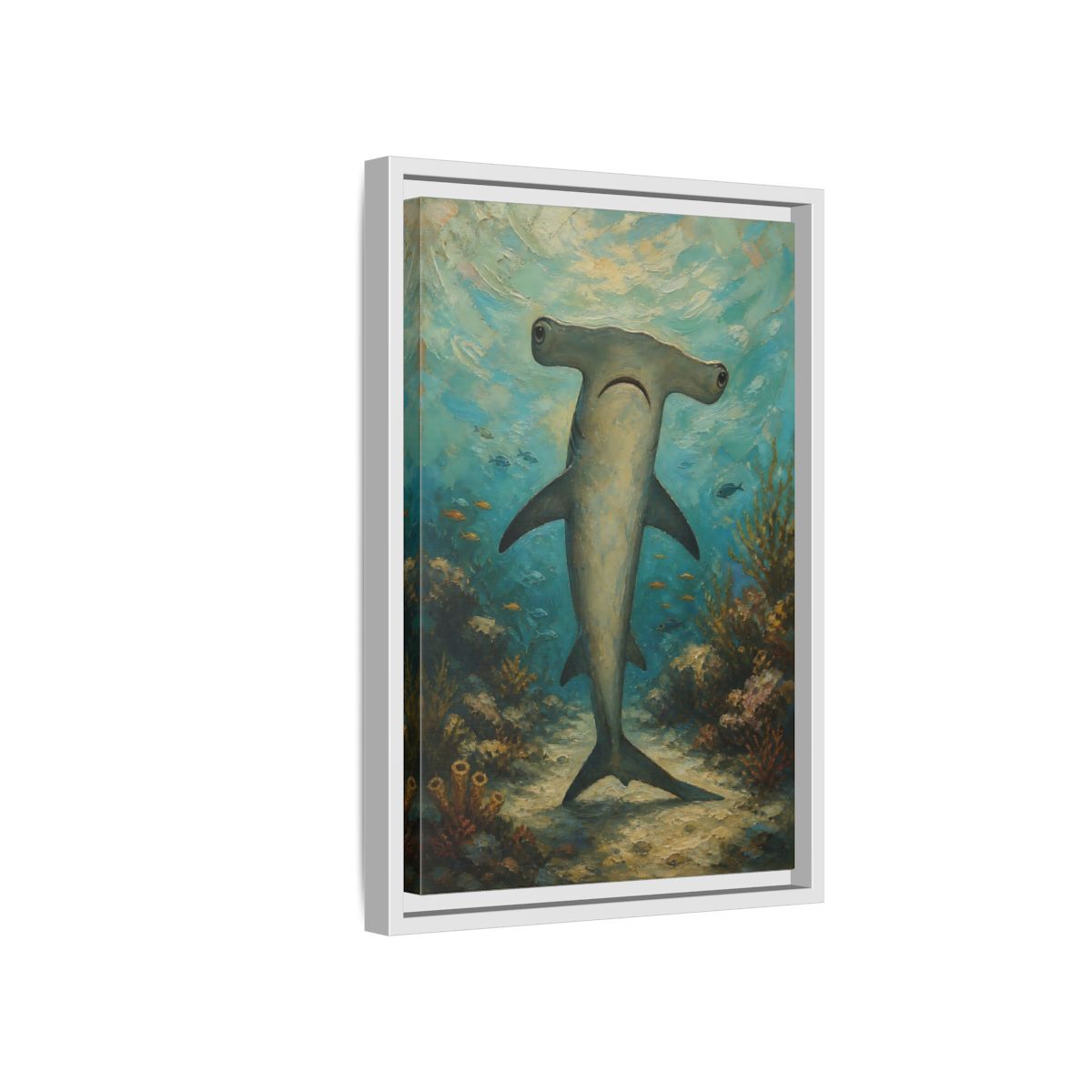 Side Mockup 4. Animals Hammerhead Shark Hammerhead Shark Blue shown as stretched canvas wall art