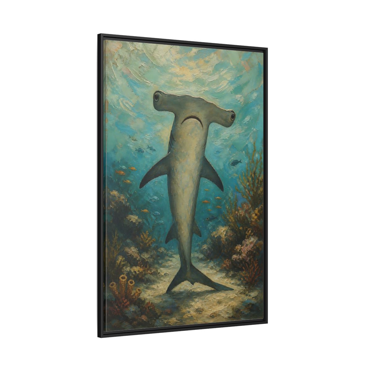 Side Mockup 12. Animals Hammerhead Shark Hammerhead Shark Blue shown as stretched canvas wall art