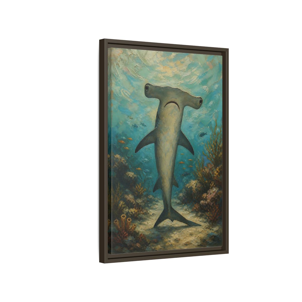 Side Mockup 2. Animals Hammerhead Shark Hammerhead Shark Blue shown as stretched canvas wall art