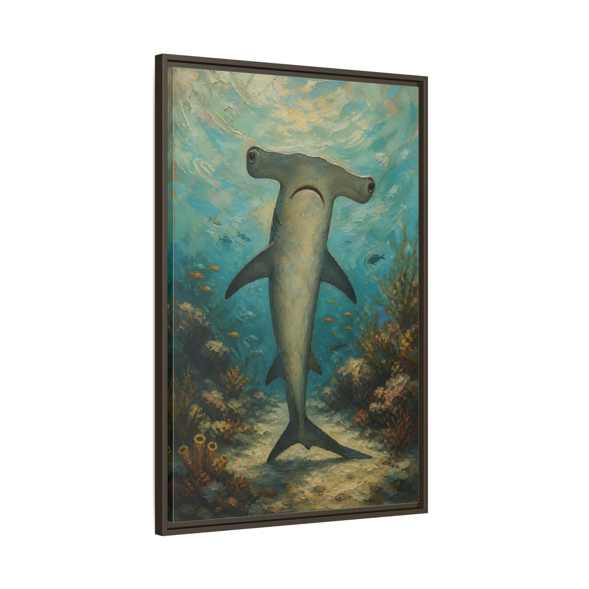 Main Mockup. Animals Hammerhead Shark Hammerhead Shark Blue shown as stretched canvas wall art