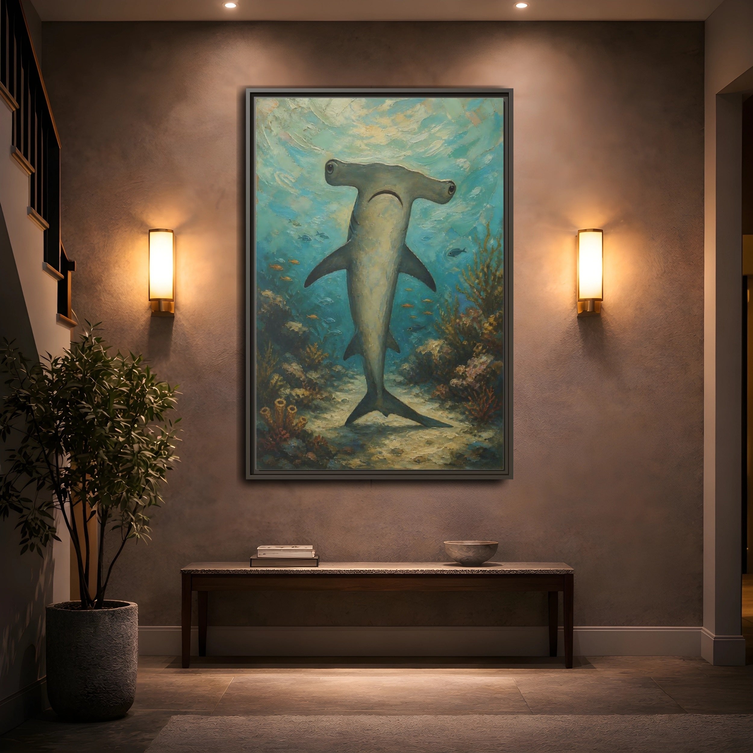 Mockup 2. Animals Hammerhead Shark Hammerhead Shark Blue shown as stretched canvas wall art