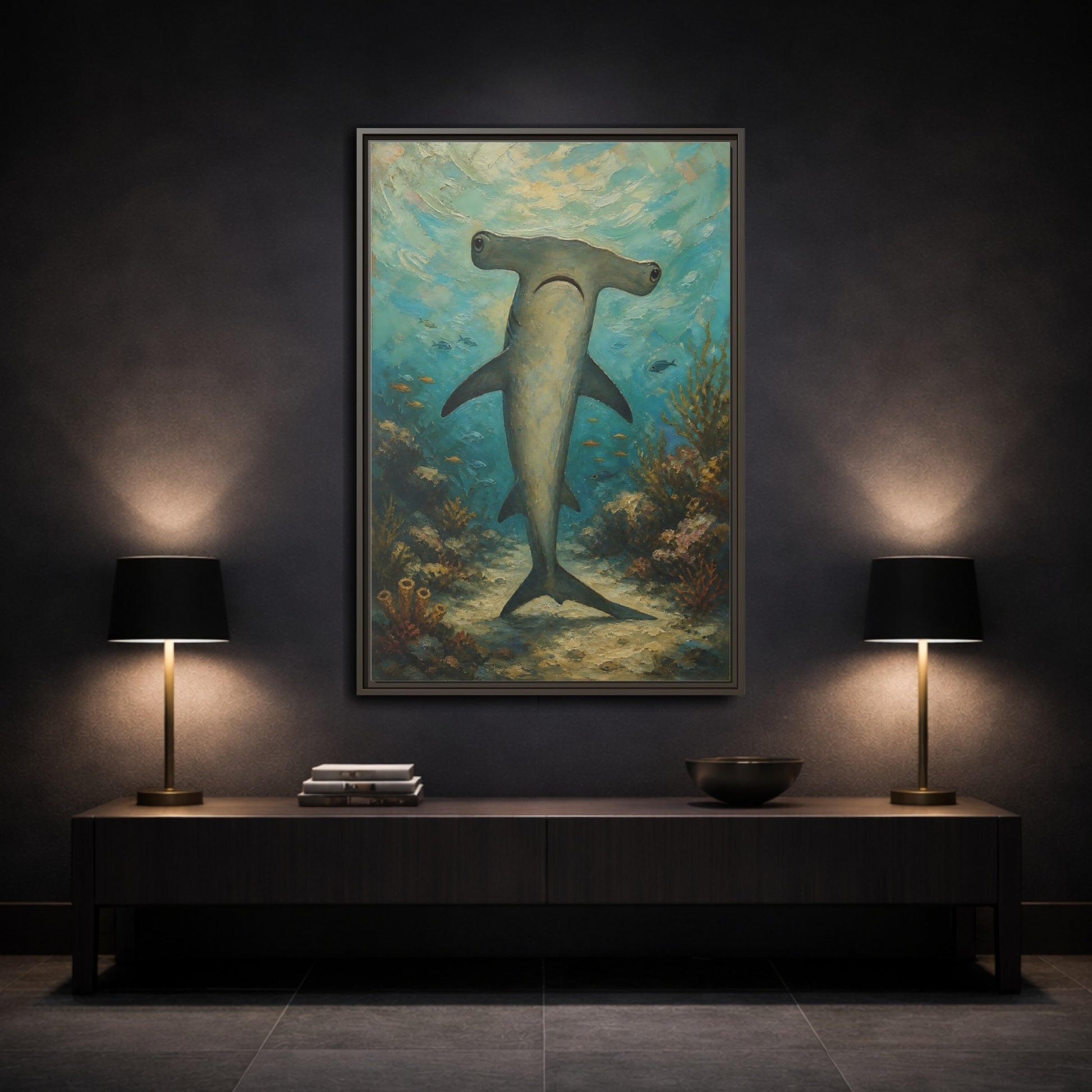 Mockup 3. Animals Hammerhead Shark Hammerhead Shark Blue shown as stretched canvas wall art