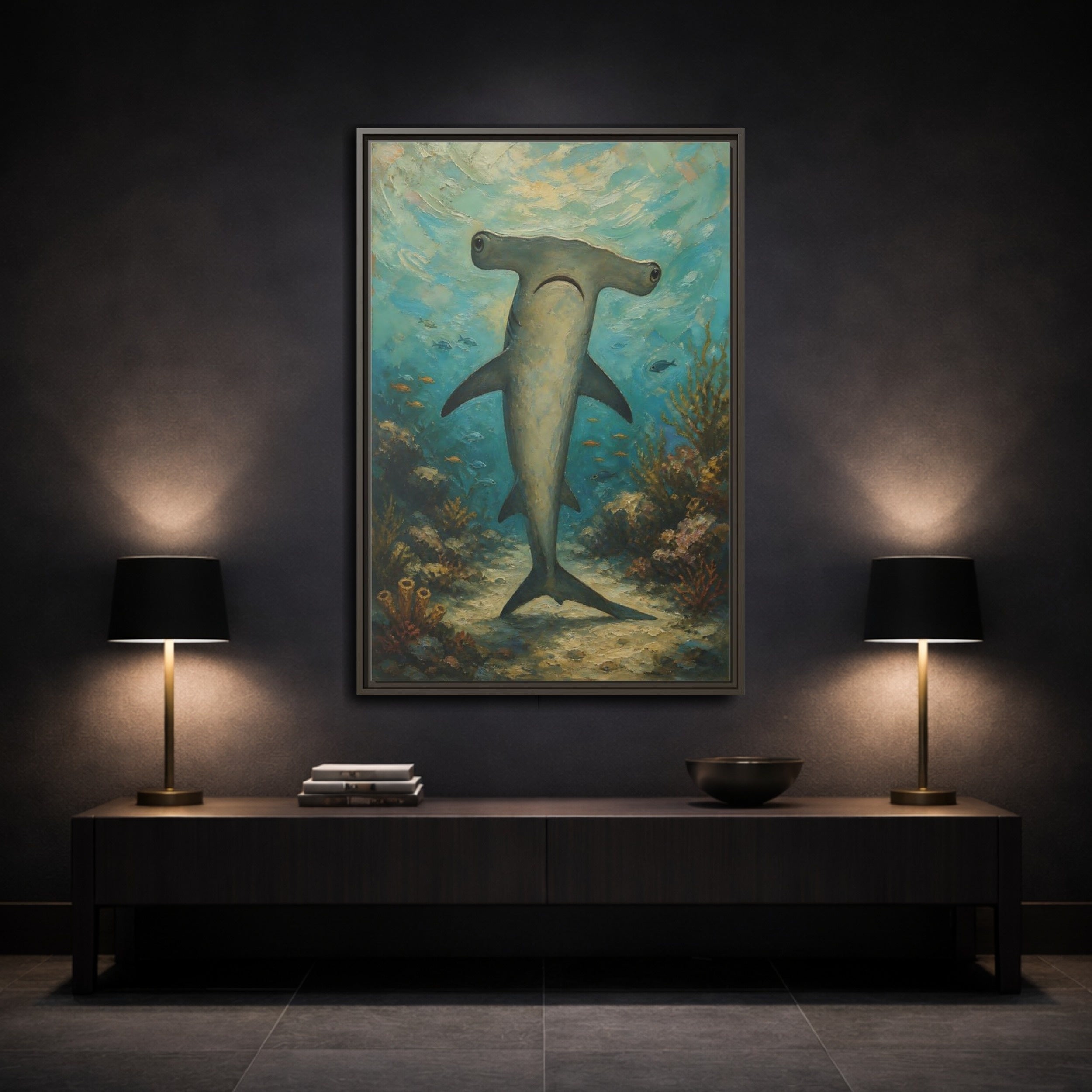 Mockup 3. Animals Hammerhead Shark Hammerhead Shark Blue shown as stretched canvas wall art