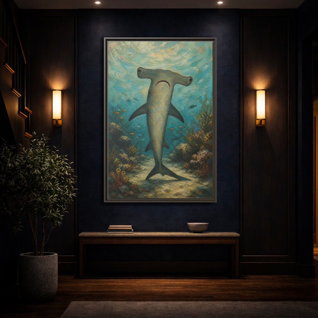 Mockup 4. Animals Hammerhead Shark Hammerhead Shark Blue shown as stretched canvas wall art