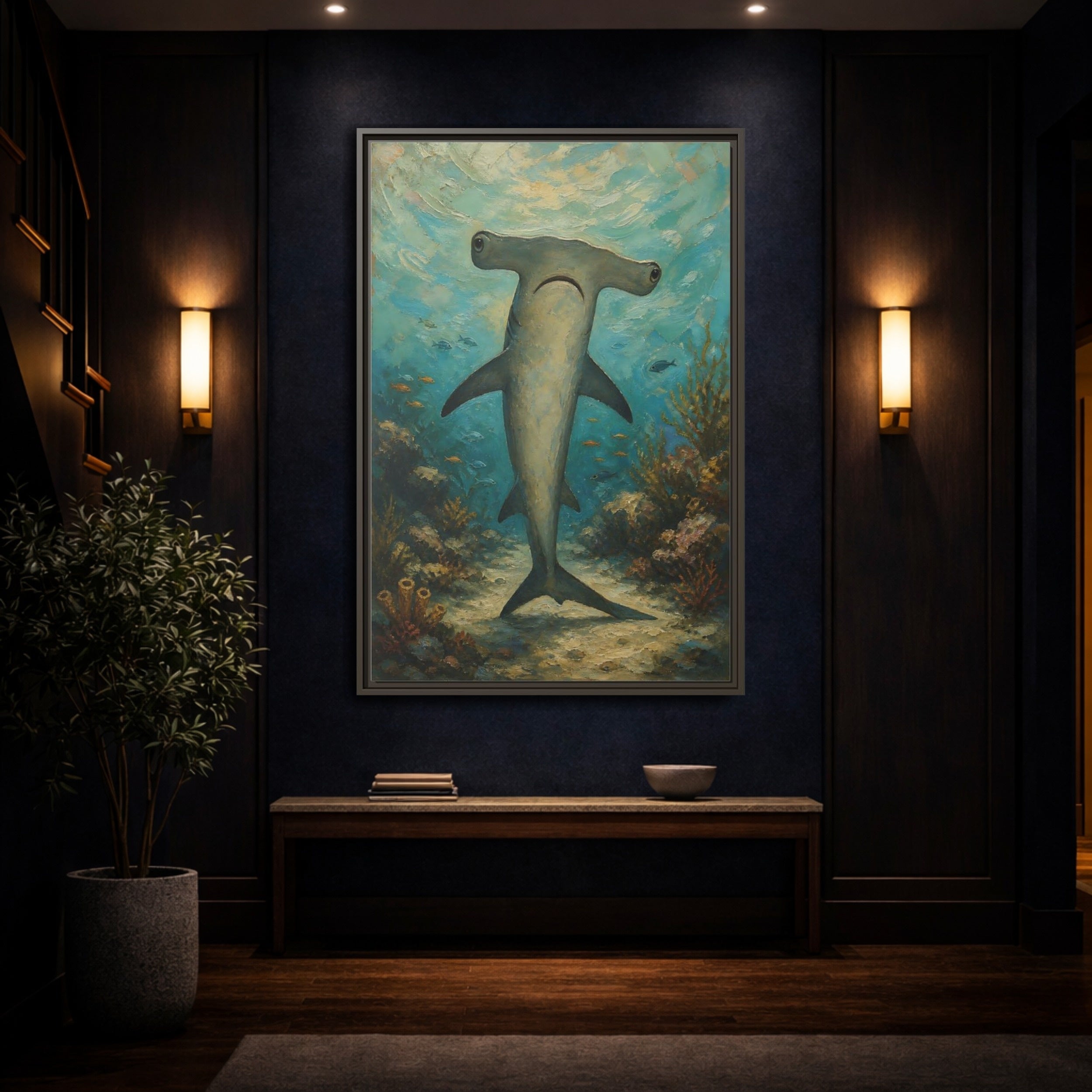Mockup 4. Animals Hammerhead Shark Hammerhead Shark Blue shown as stretched canvas wall art