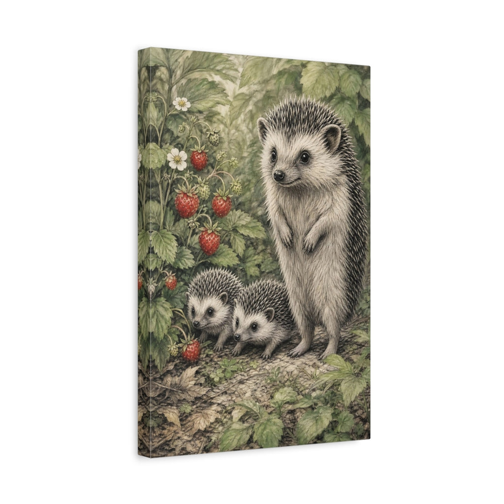 Side Mockup 4. Animals Hedgehogs Green And Red shown as stretched canvas wall art