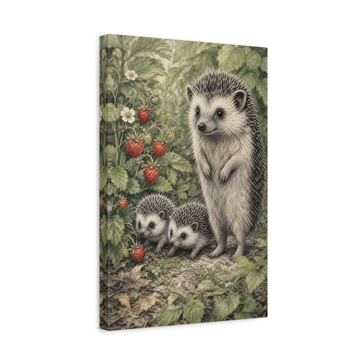 Side Mockup 4. Animals Hedgehogs Green And Red shown as stretched canvas wall art