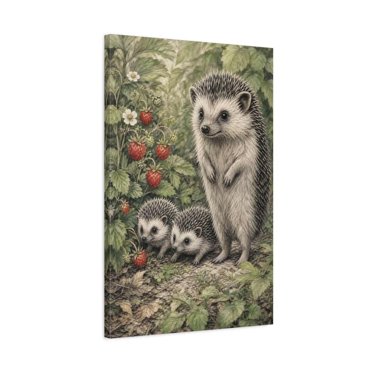 Side Mockup 2. Animals Hedgehogs Green And Red shown as stretched canvas wall art