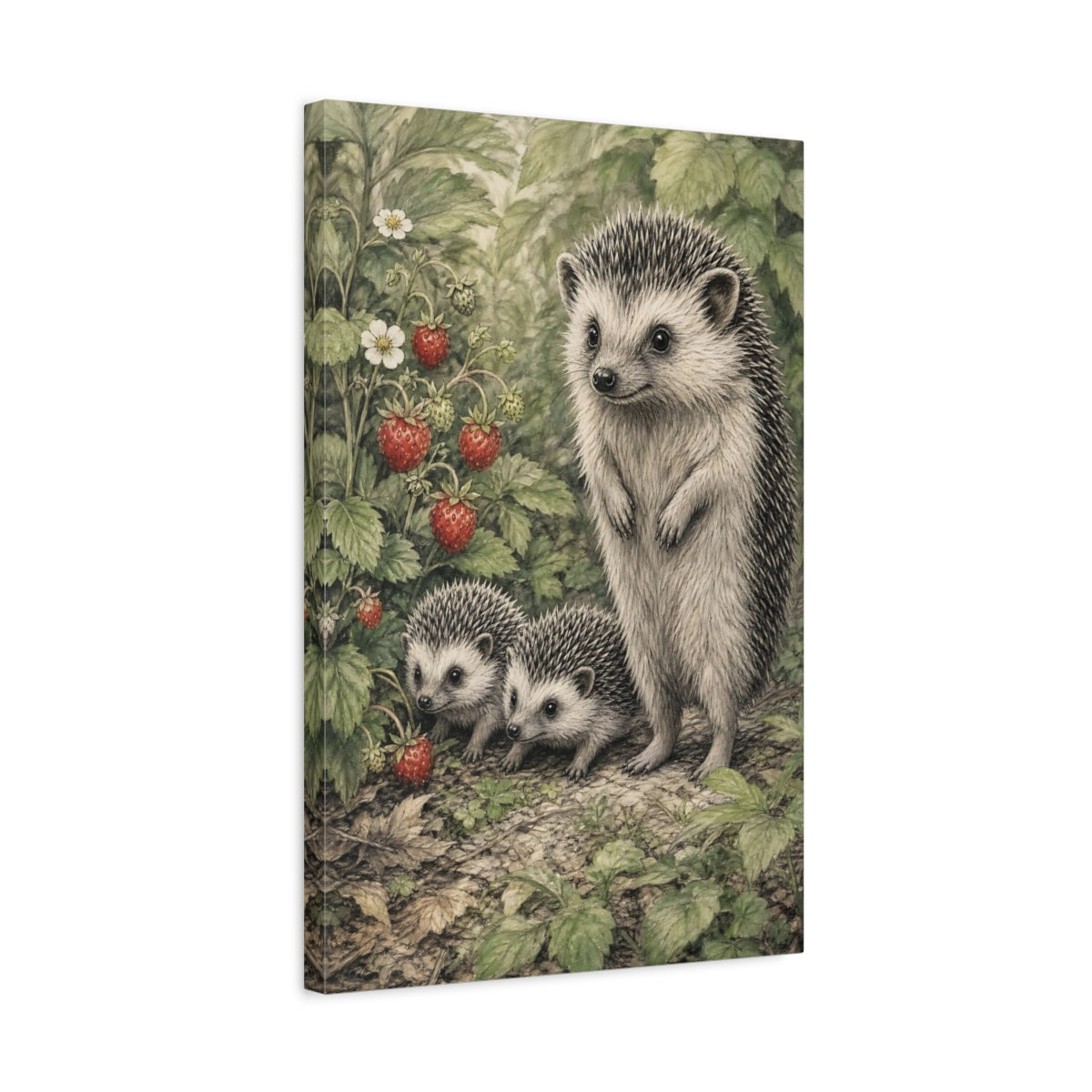 Side Mockup 3. Animals Hedgehogs Green And Red shown as stretched canvas wall art