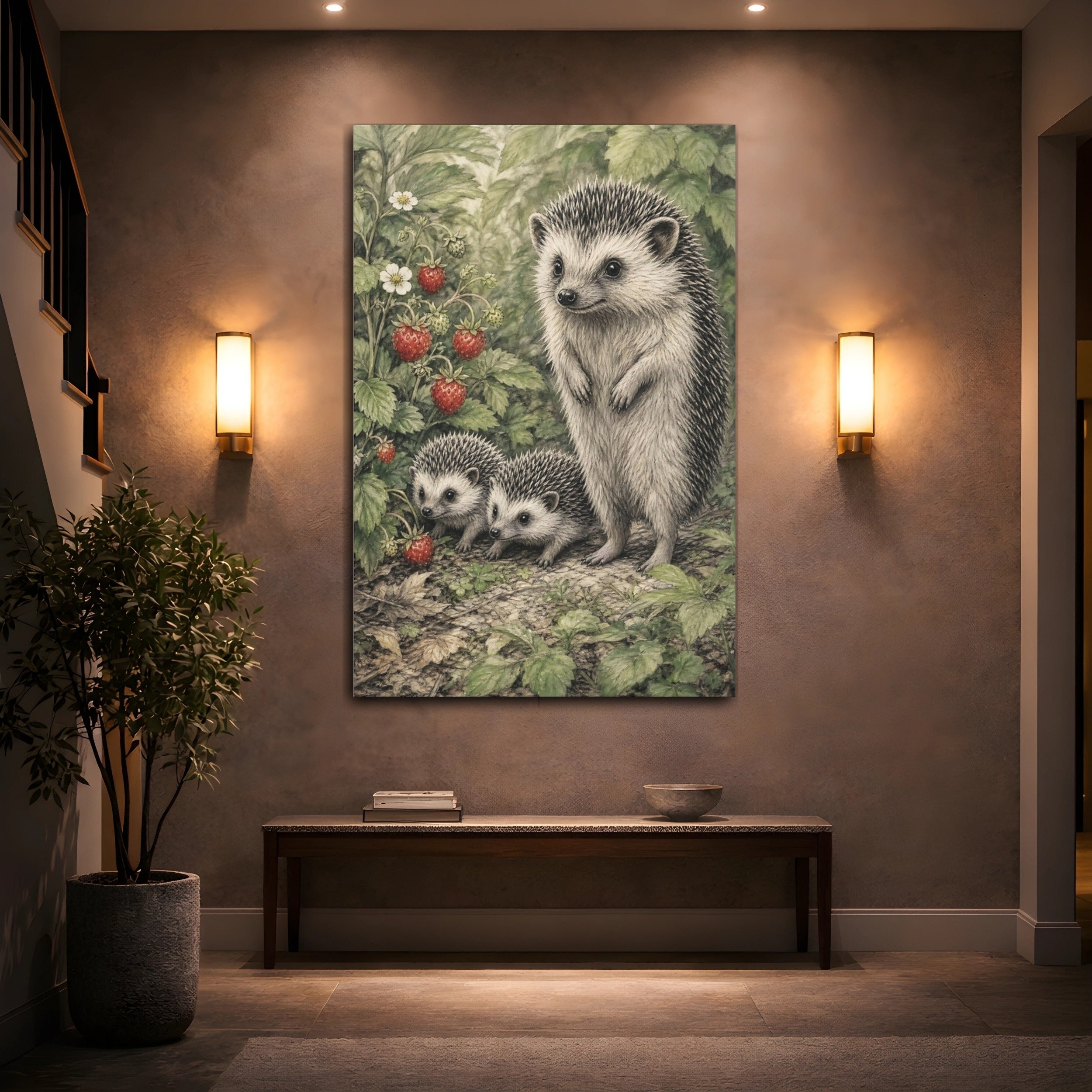 Mockup 2. Animals Hedgehogs Green And Red shown as stretched canvas wall art