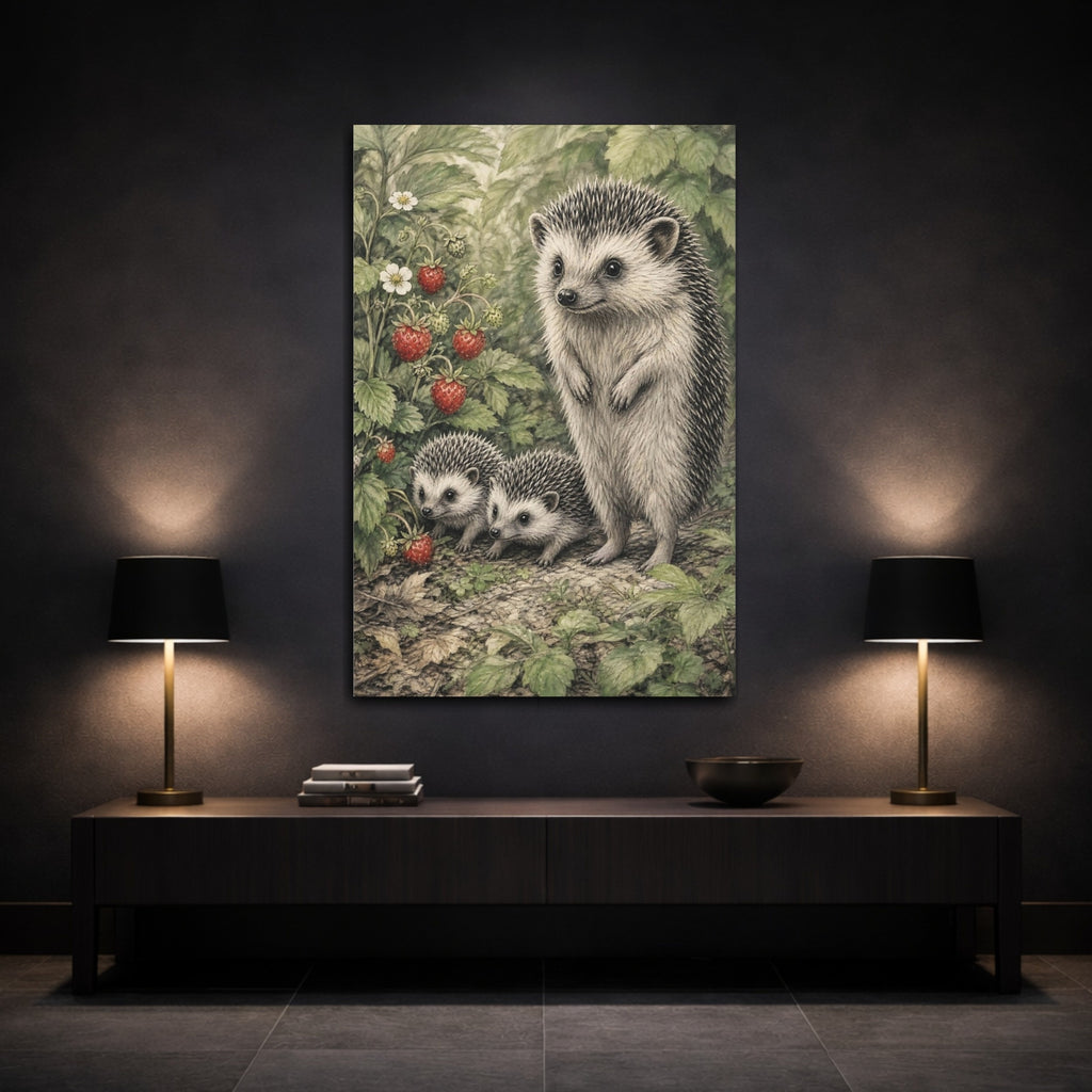 Mockup 3. Animals Hedgehogs Green And Red shown as stretched canvas wall art