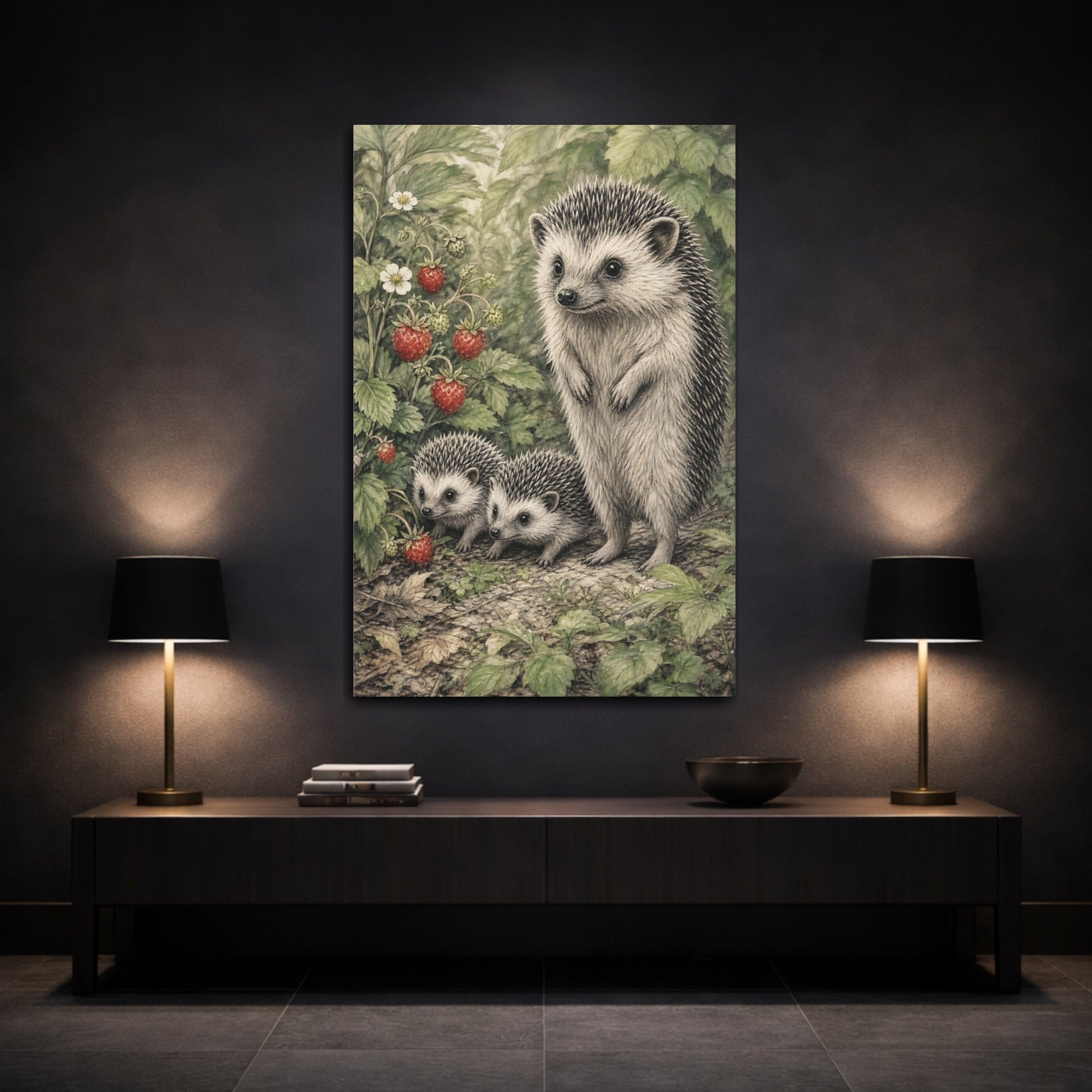 Mockup 3. Animals Hedgehogs Green And Red shown as stretched canvas wall art