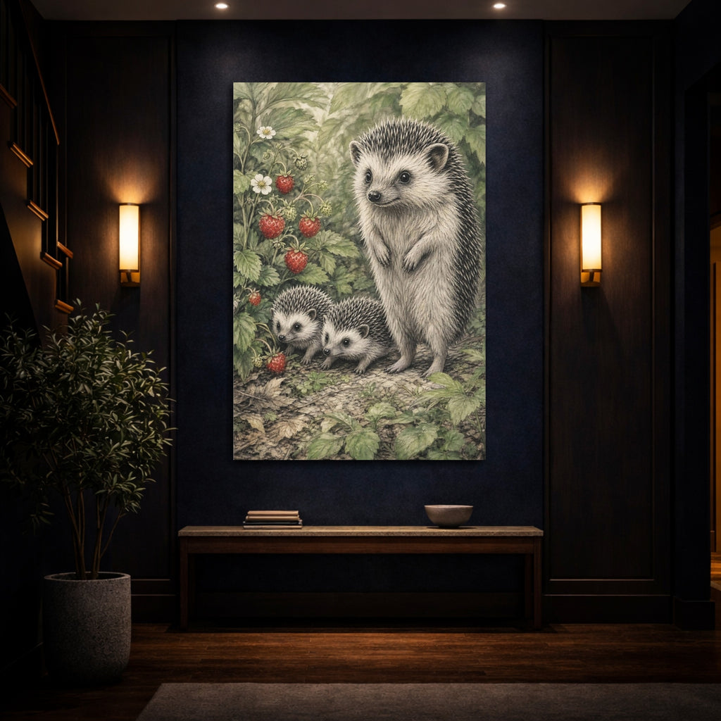 Mockup 4. Animals Hedgehogs Green And Red shown as stretched canvas wall art