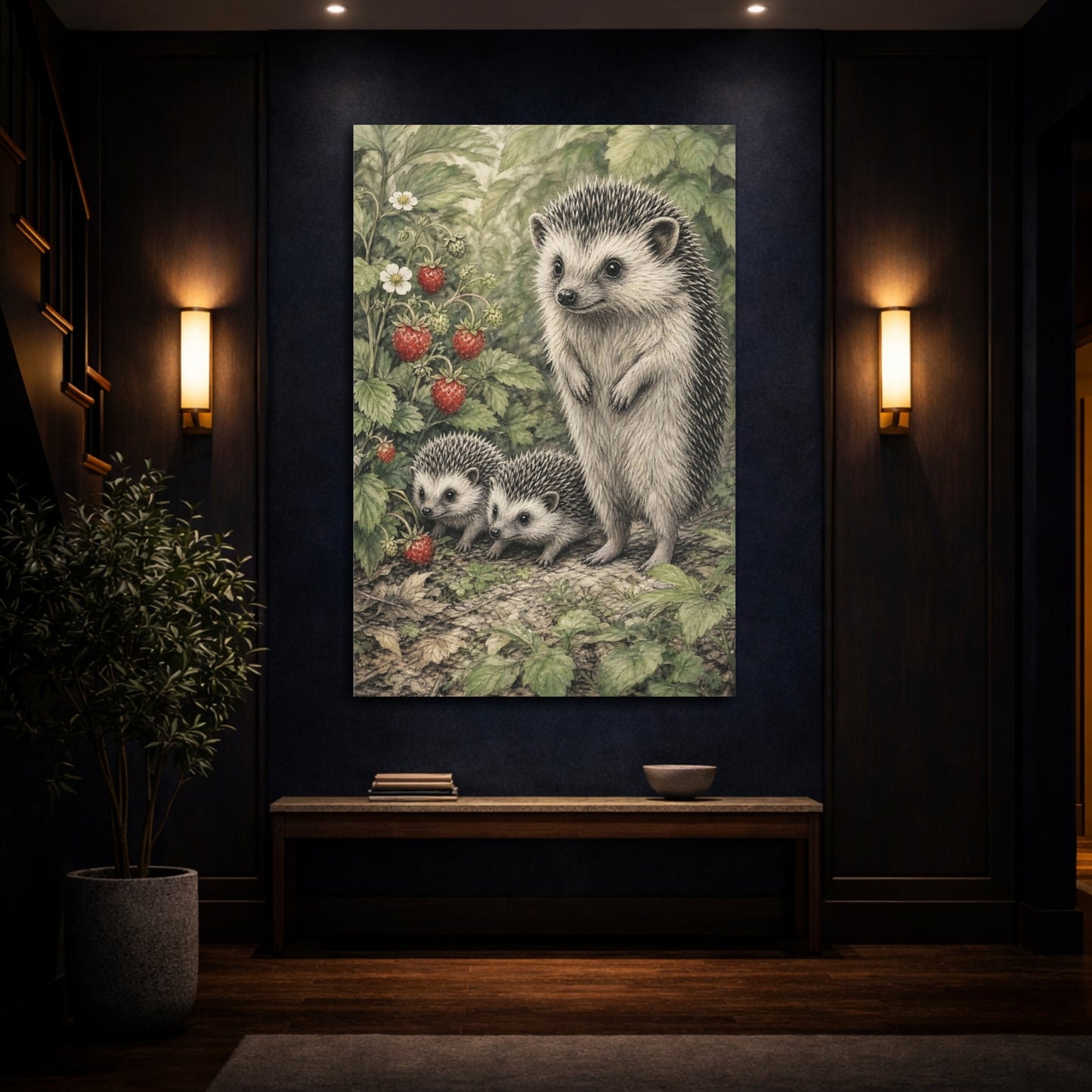 Mockup 4. Animals Hedgehogs Green And Red shown as stretched canvas wall art