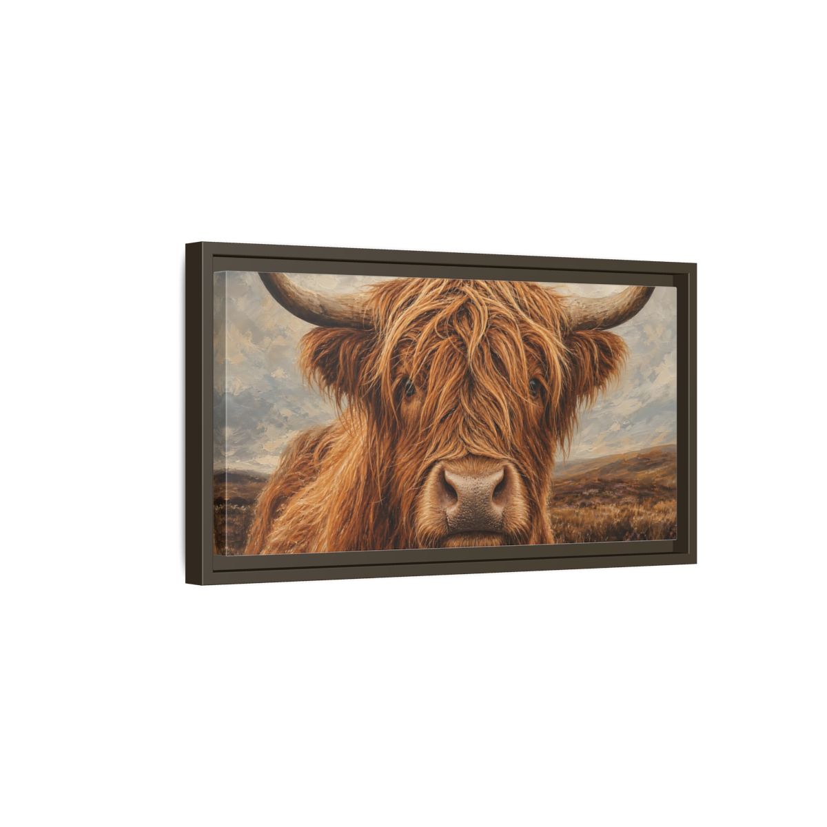 Side Mockup 7. Animals Highland Cow Brown Highland Cow shown as stretched canvas wall art