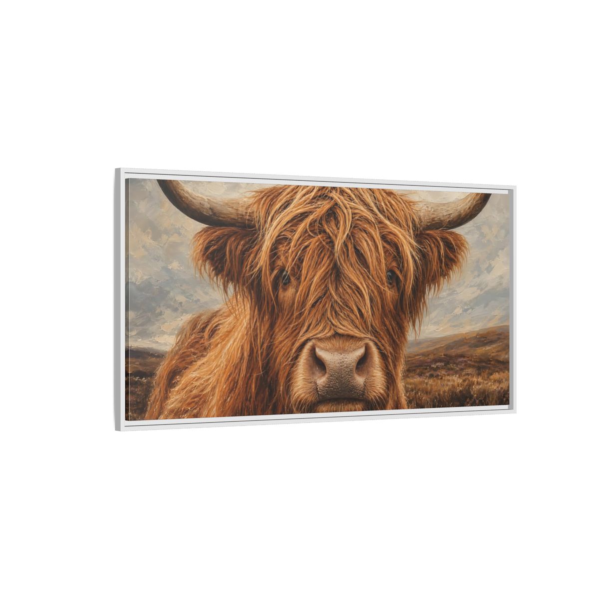 Side Mockup 3. Animals Highland Cow Brown Highland Cow shown as stretched canvas wall art