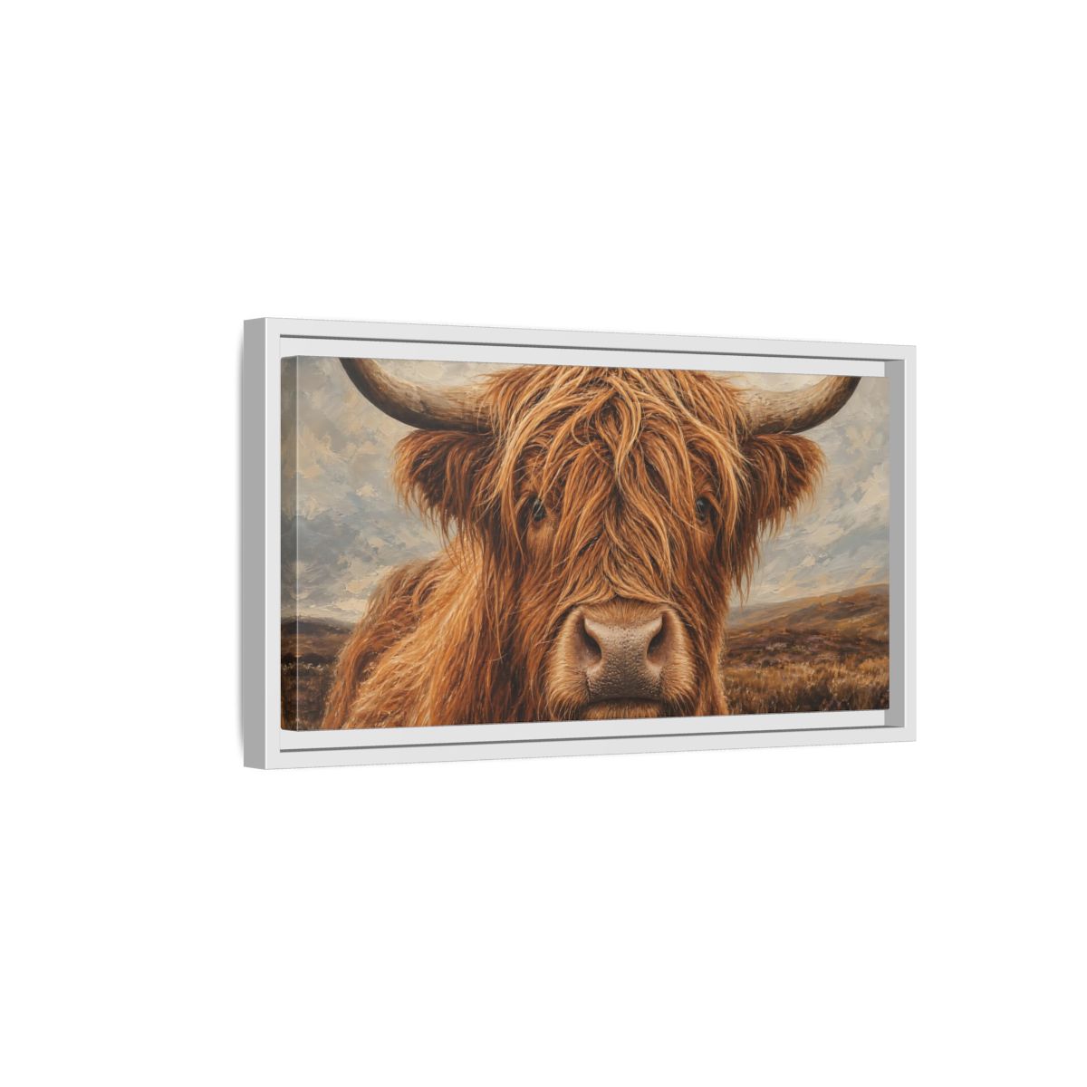Side Mockup 6. Animals Highland Cow Brown Highland Cow shown as stretched canvas wall art