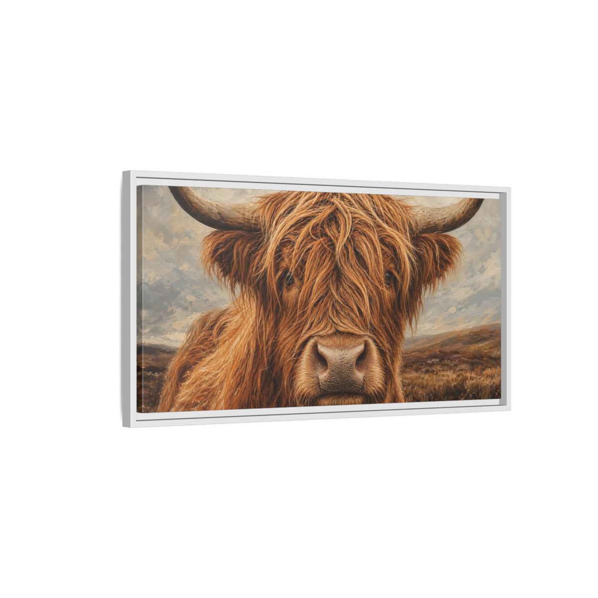 Side Mockup 1. Animals Highland Cow Brown Highland Cow shown as stretched canvas wall art