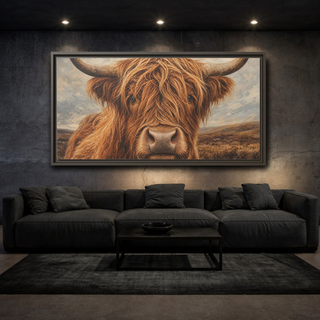 Mockup 2. Animals Highland Cow Brown Highland Cow shown as stretched canvas wall art