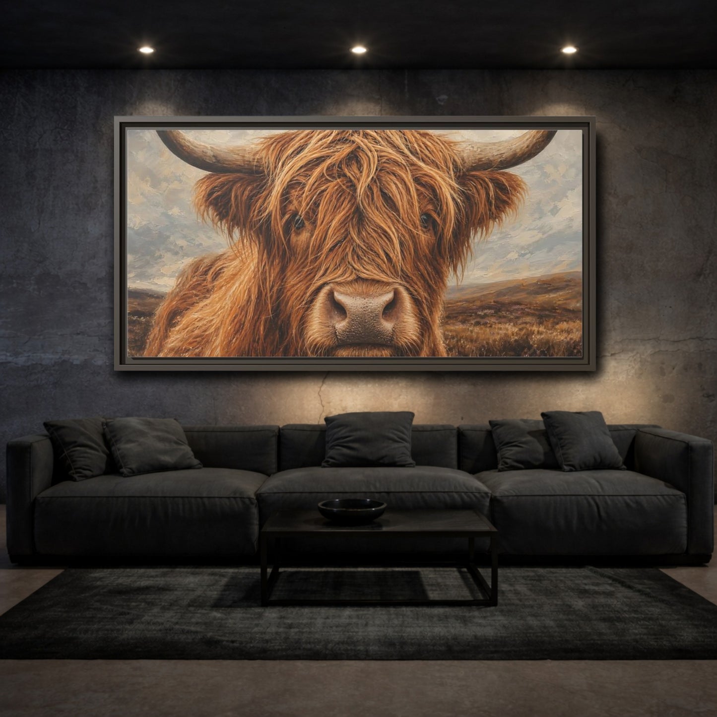 Mockup 2. Animals Highland Cow Brown Highland Cow shown as stretched canvas wall art