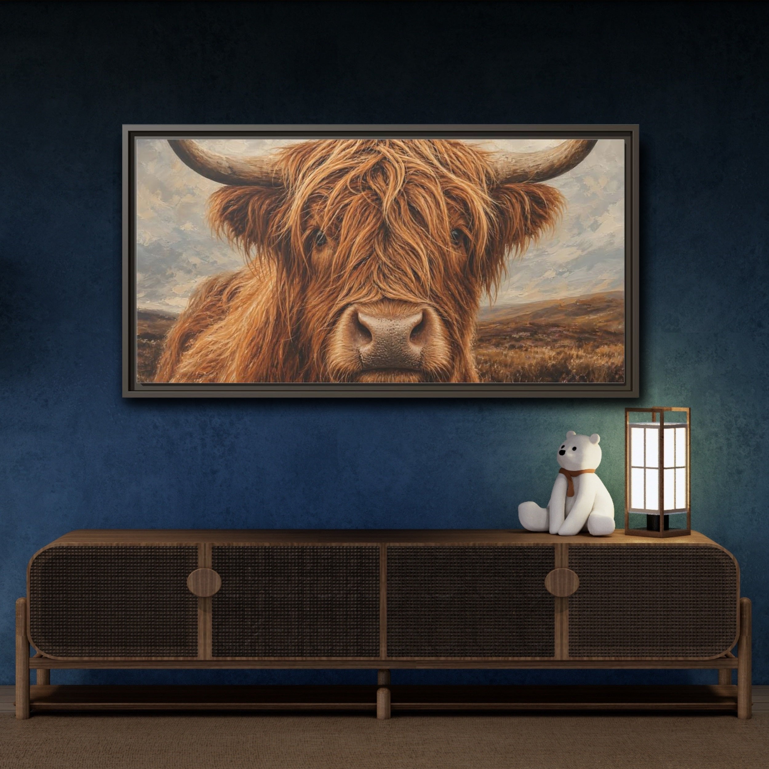 Mockup 4. Animals Highland Cow Brown Highland Cow shown as stretched canvas wall art