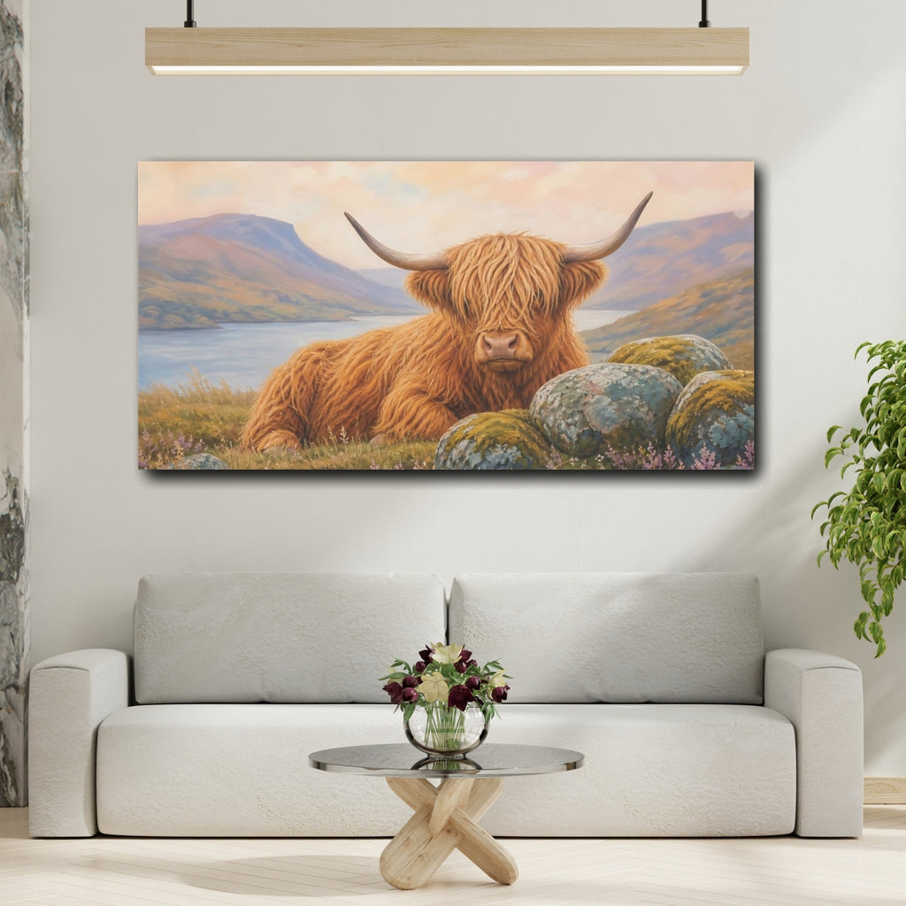 Mockup 2. Animals Highland Cow Highland Cow Orange shown as stretched canvas wall art