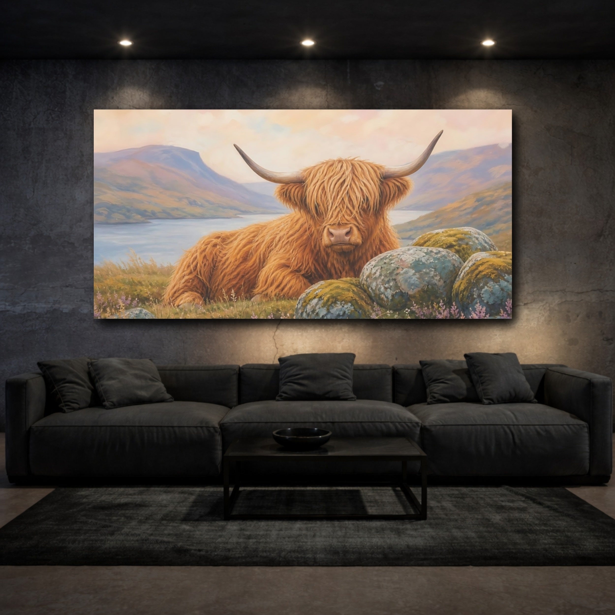 Mockup 3. Animals Highland Cow Highland Cow Orange shown as stretched canvas wall art