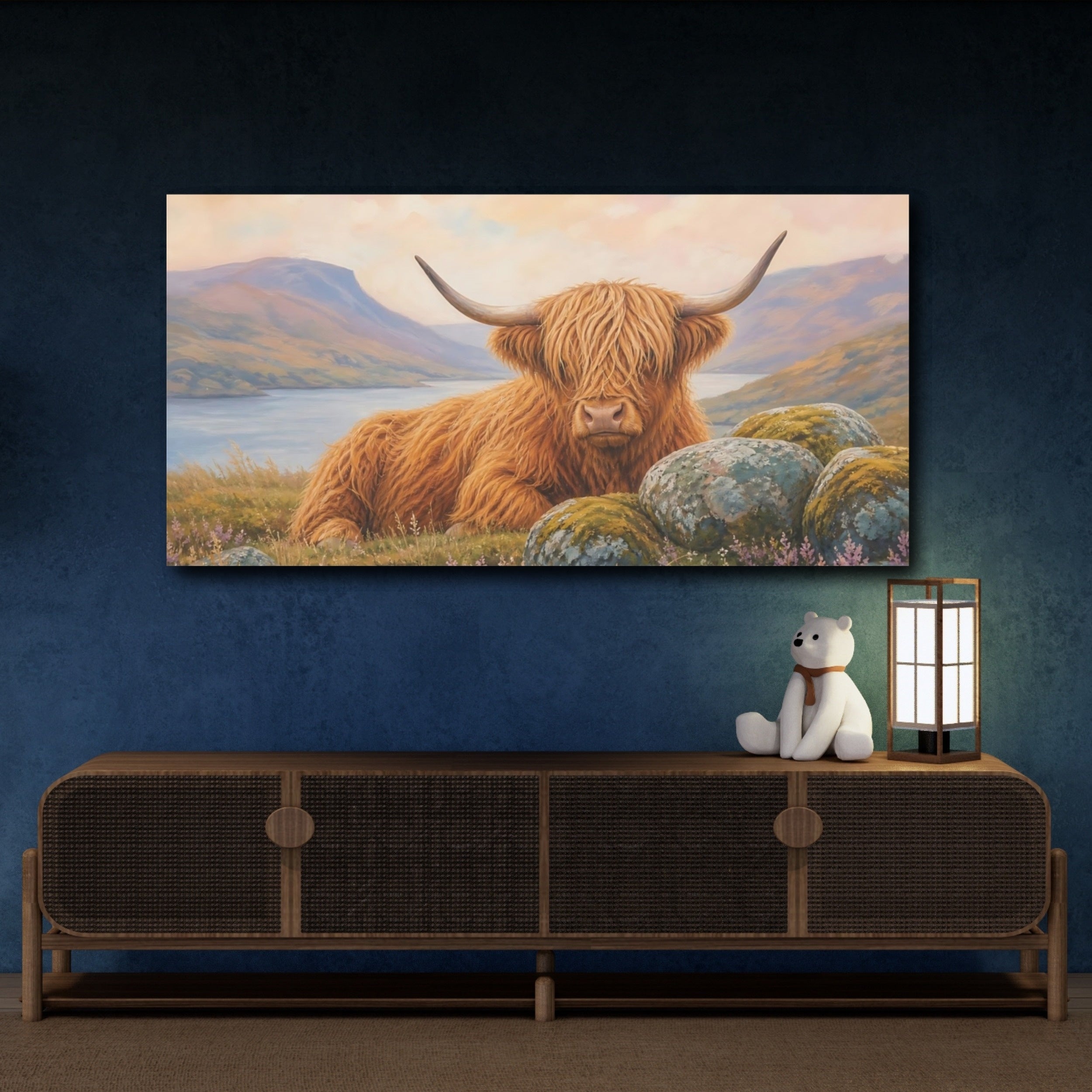 Mockup 4. Animals Highland Cow Highland Cow Orange shown as stretched canvas wall art