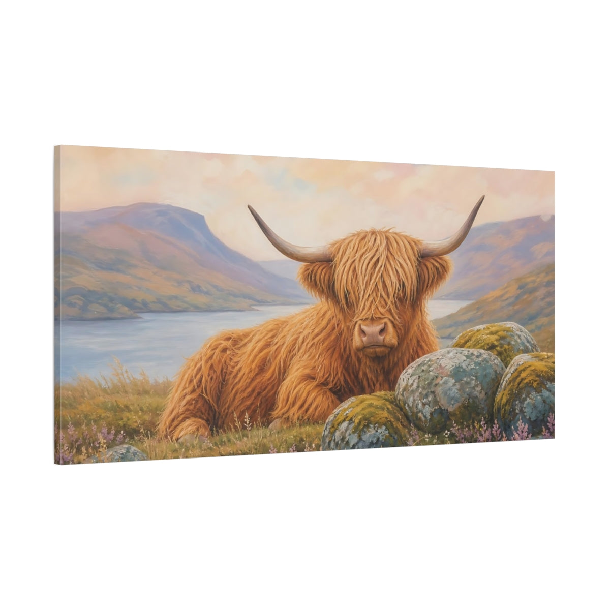 Side Mockup 2. Animals Highland Cow Highland Cow Orange shown as stretched canvas wall art