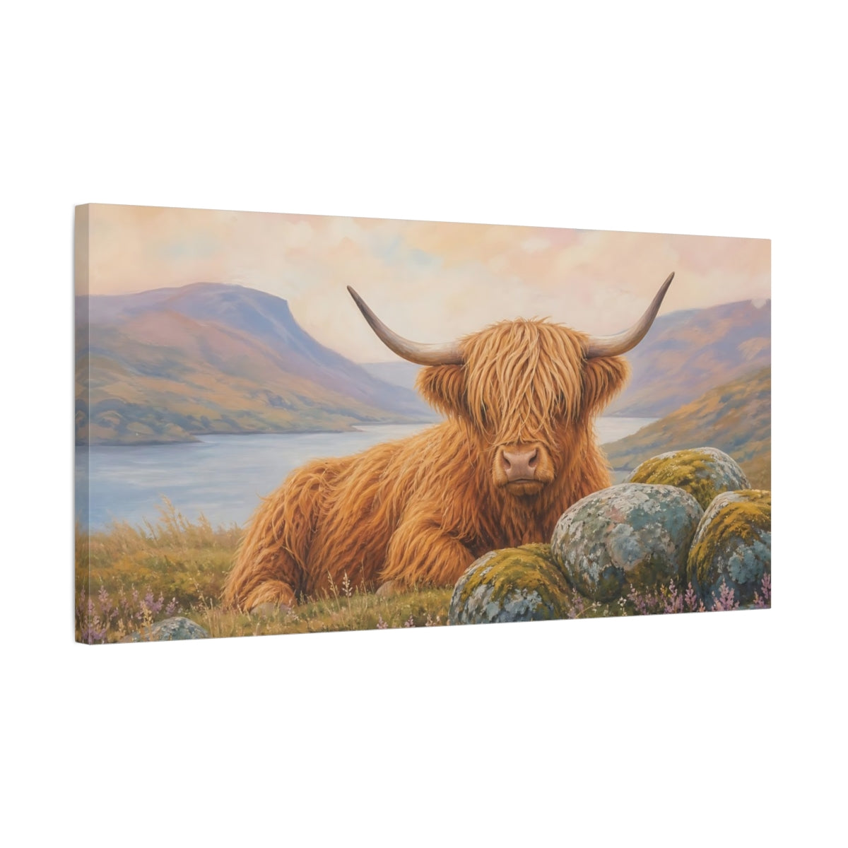 Side Mockup 1. Animals Highland Cow Highland Cow Orange shown as stretched canvas wall art